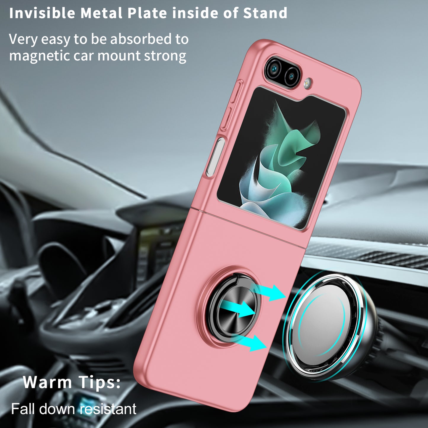 Uniqkart for Samsung Galaxy Z Flip5 5G Hard PC Phone Case Ring Kickstand Cover Support Magnetic Car Mount - Pink