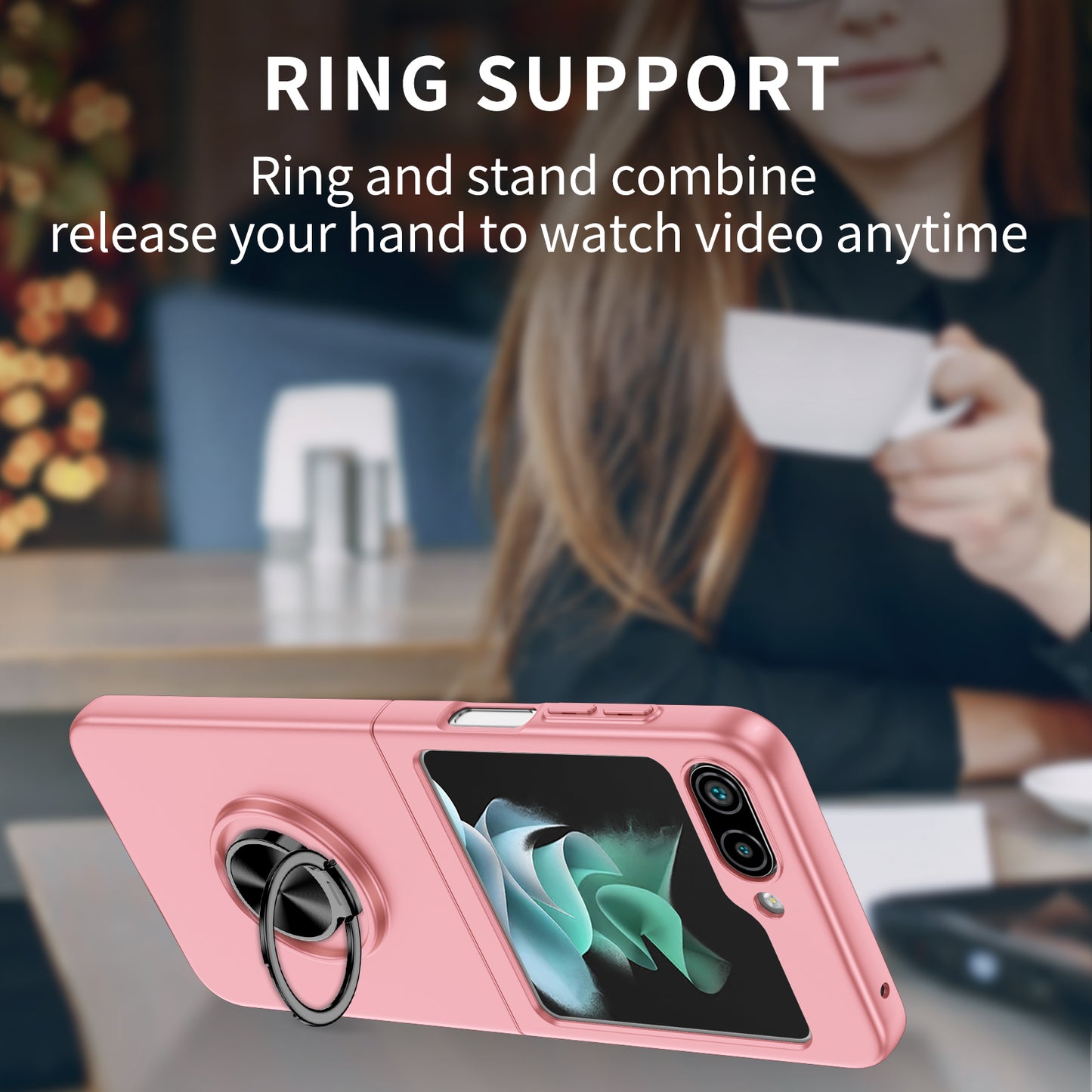 Uniqkart for Samsung Galaxy Z Flip5 5G Hard PC Phone Case Ring Kickstand Cover Support Magnetic Car Mount - Pink