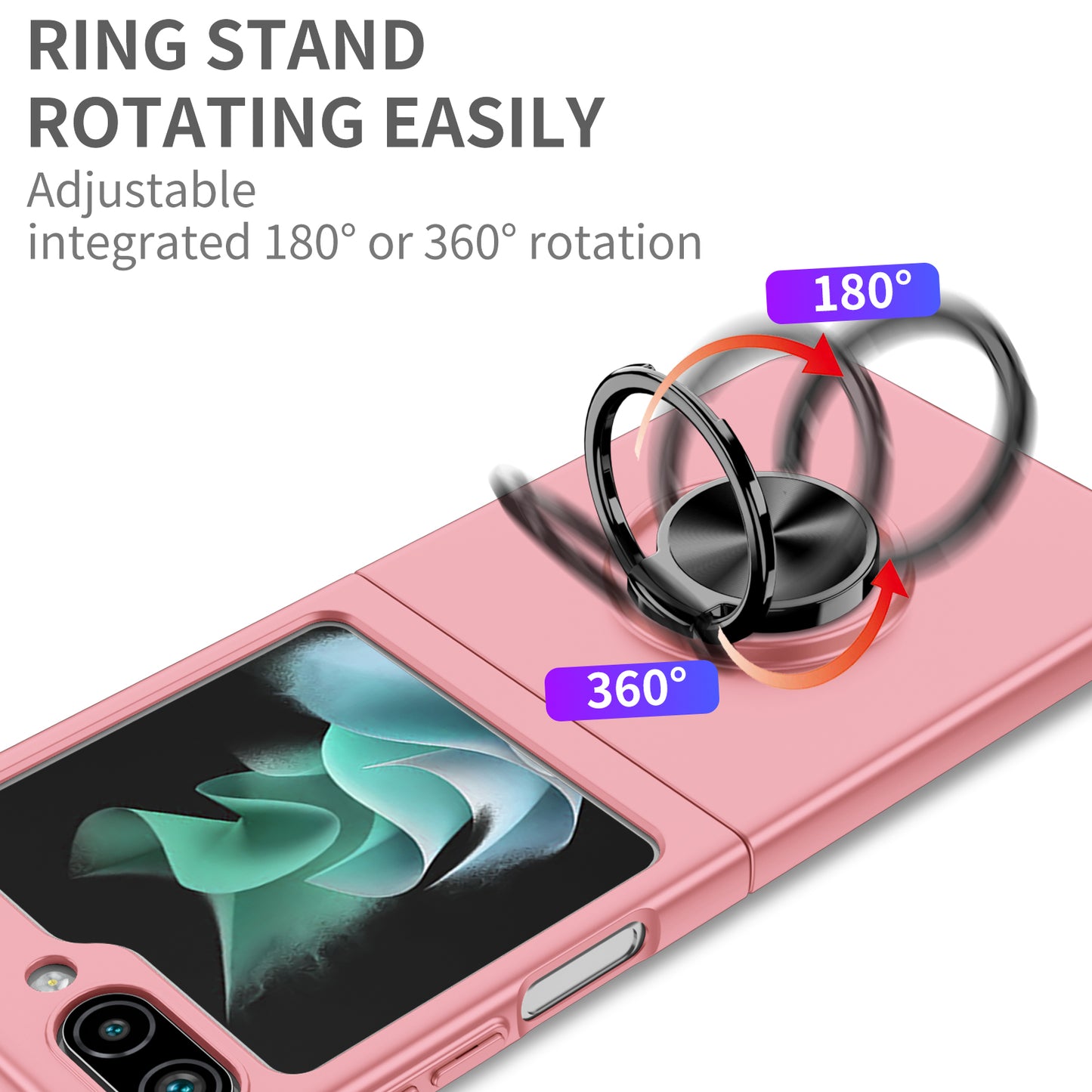 Uniqkart for Samsung Galaxy Z Flip5 5G Hard PC Phone Case Ring Kickstand Cover Support Magnetic Car Mount - Pink