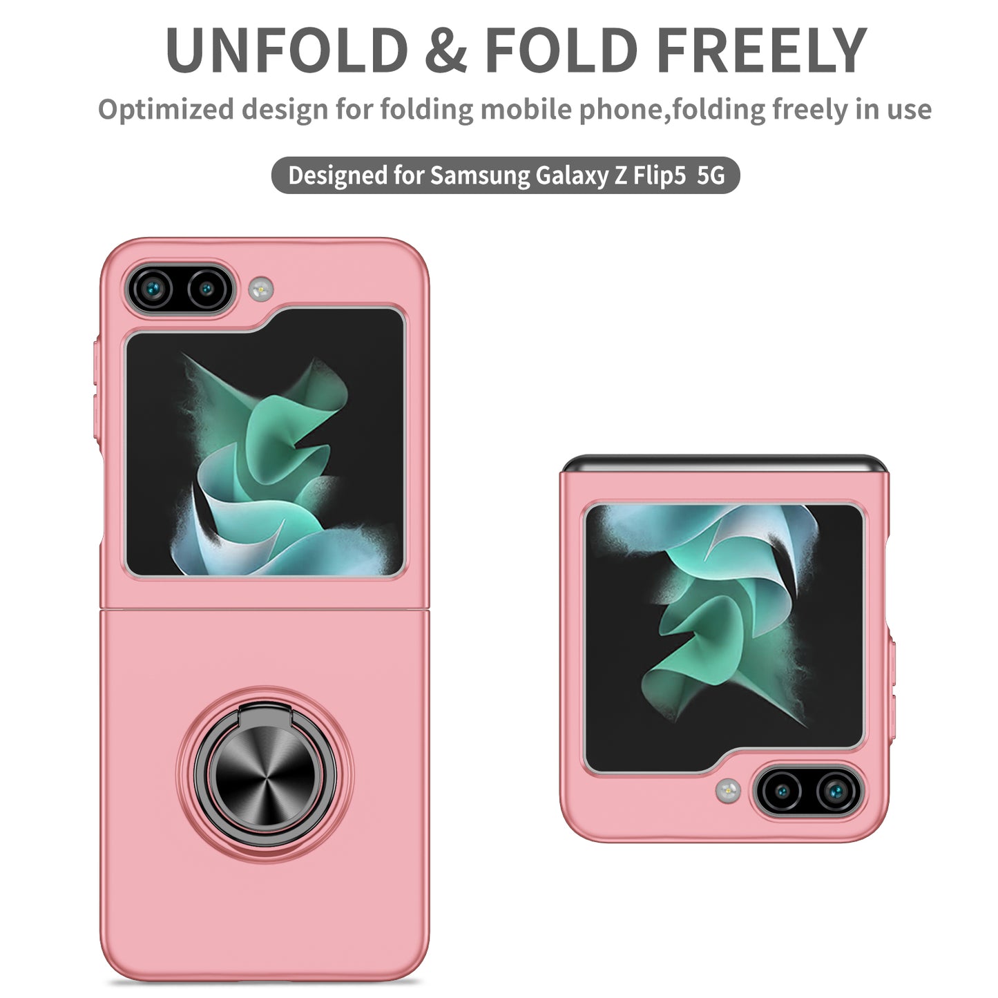 Uniqkart for Samsung Galaxy Z Flip5 5G Hard PC Phone Case Ring Kickstand Cover Support Magnetic Car Mount - Pink