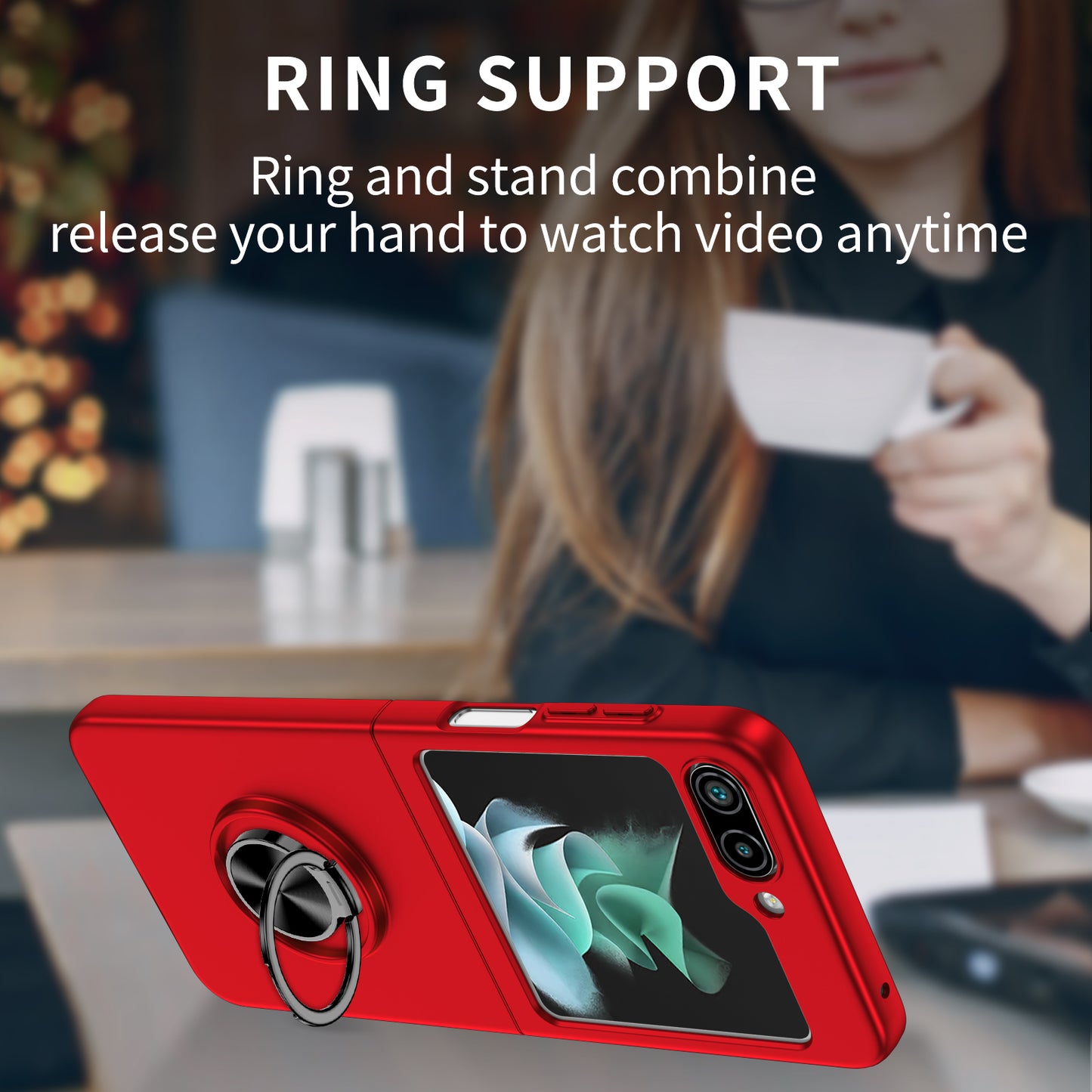Uniqkart for Samsung Galaxy Z Flip5 5G Hard PC Phone Case Ring Kickstand Cover Support Magnetic Car Mount - Red