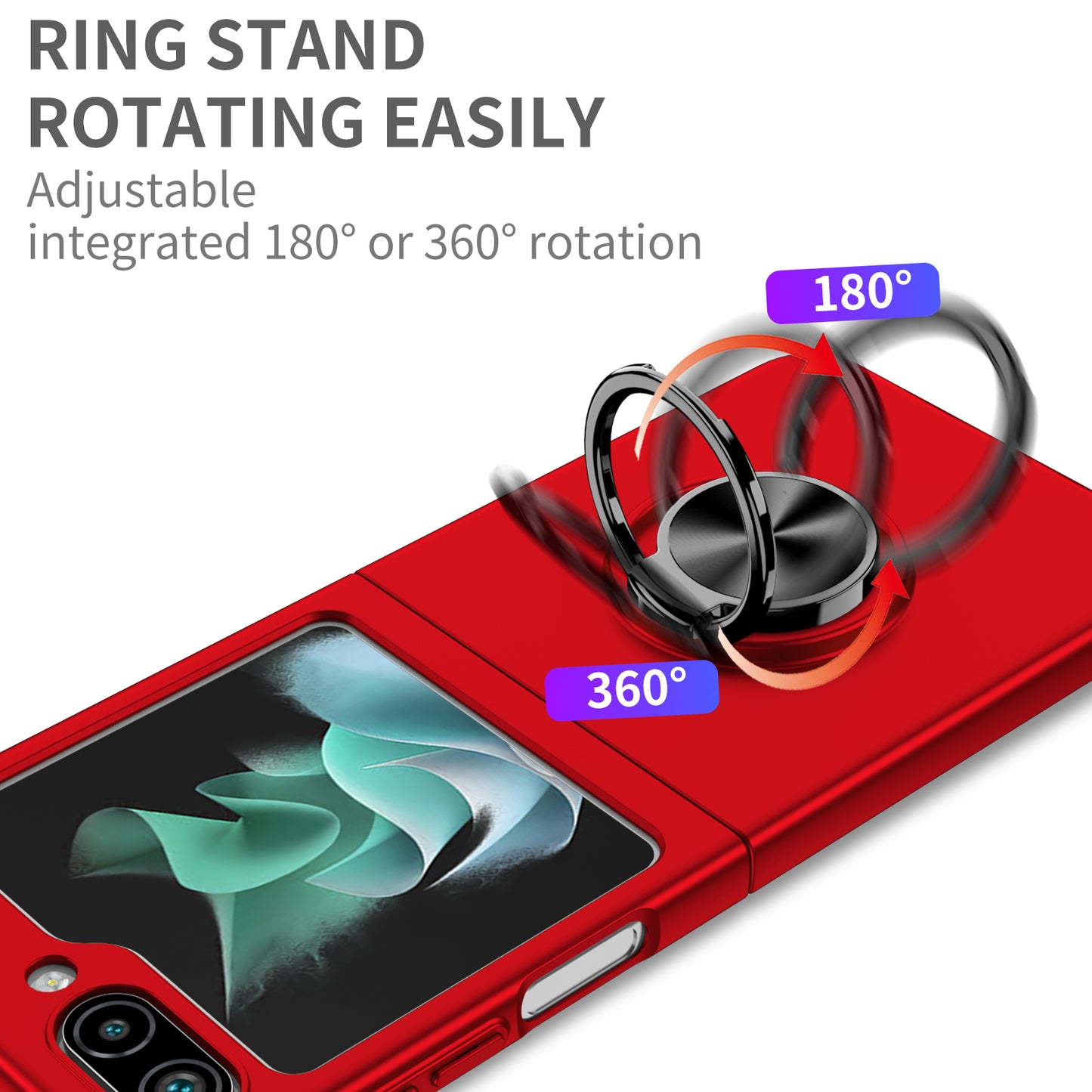 Uniqkart for Samsung Galaxy Z Flip5 5G Hard PC Phone Case Ring Kickstand Cover Support Magnetic Car Mount - Red