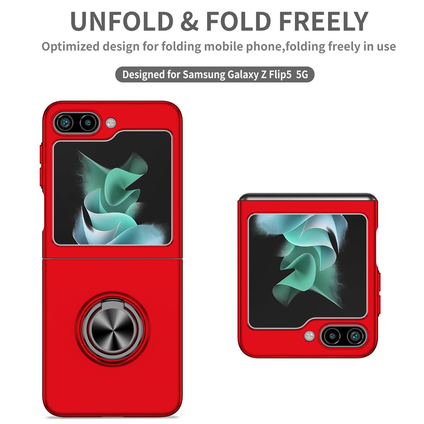 Uniqkart for Samsung Galaxy Z Flip5 5G Hard PC Phone Case Ring Kickstand Cover Support Magnetic Car Mount - Red