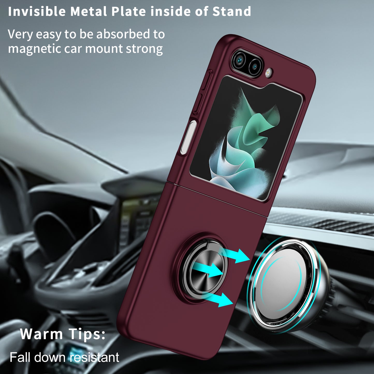 Uniqkart for Samsung Galaxy Z Flip5 5G Hard PC Phone Case Ring Kickstand Cover Support Magnetic Car Mount - Wine Red