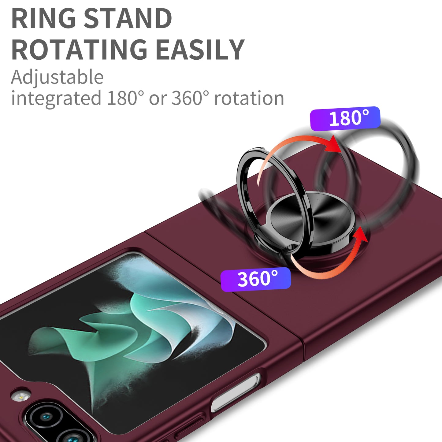Uniqkart for Samsung Galaxy Z Flip5 5G Hard PC Phone Case Ring Kickstand Cover Support Magnetic Car Mount - Wine Red