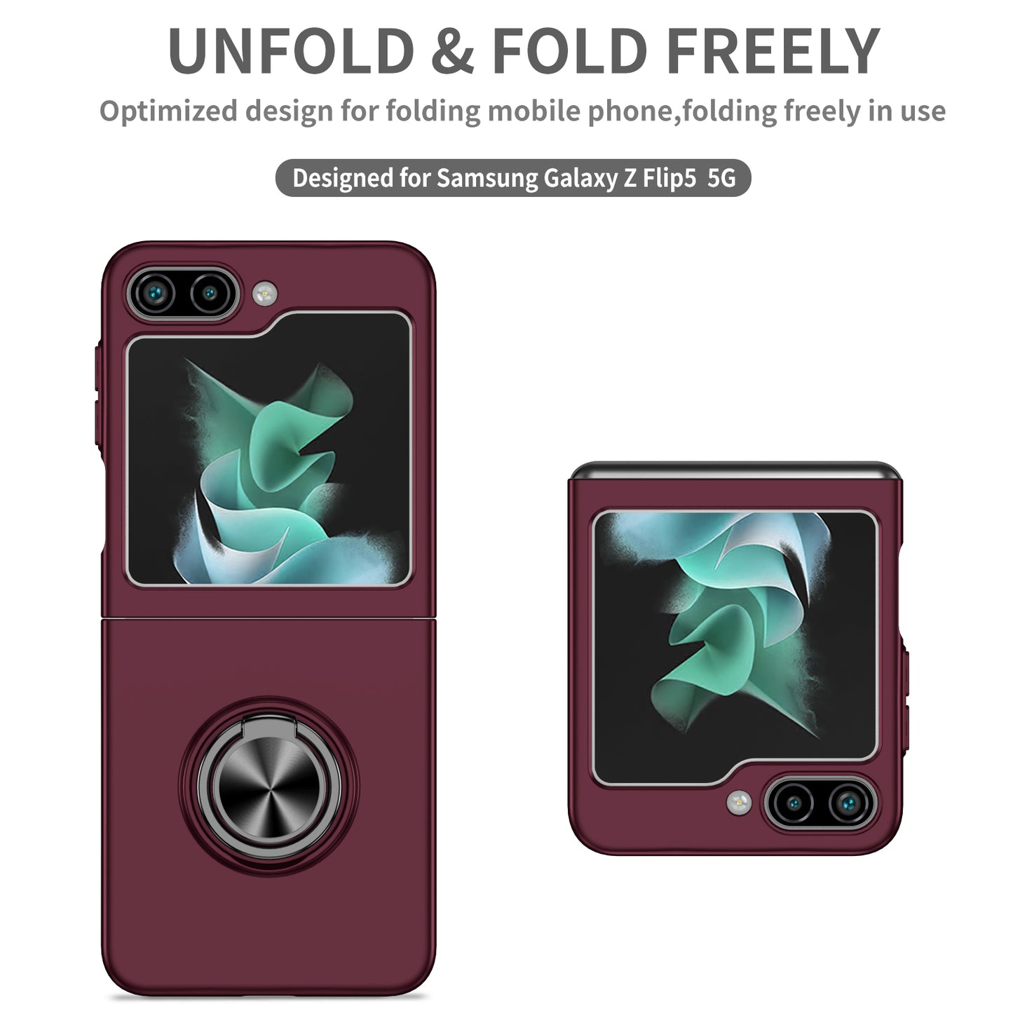 Uniqkart for Samsung Galaxy Z Flip5 5G Hard PC Phone Case Ring Kickstand Cover Support Magnetic Car Mount - Wine Red