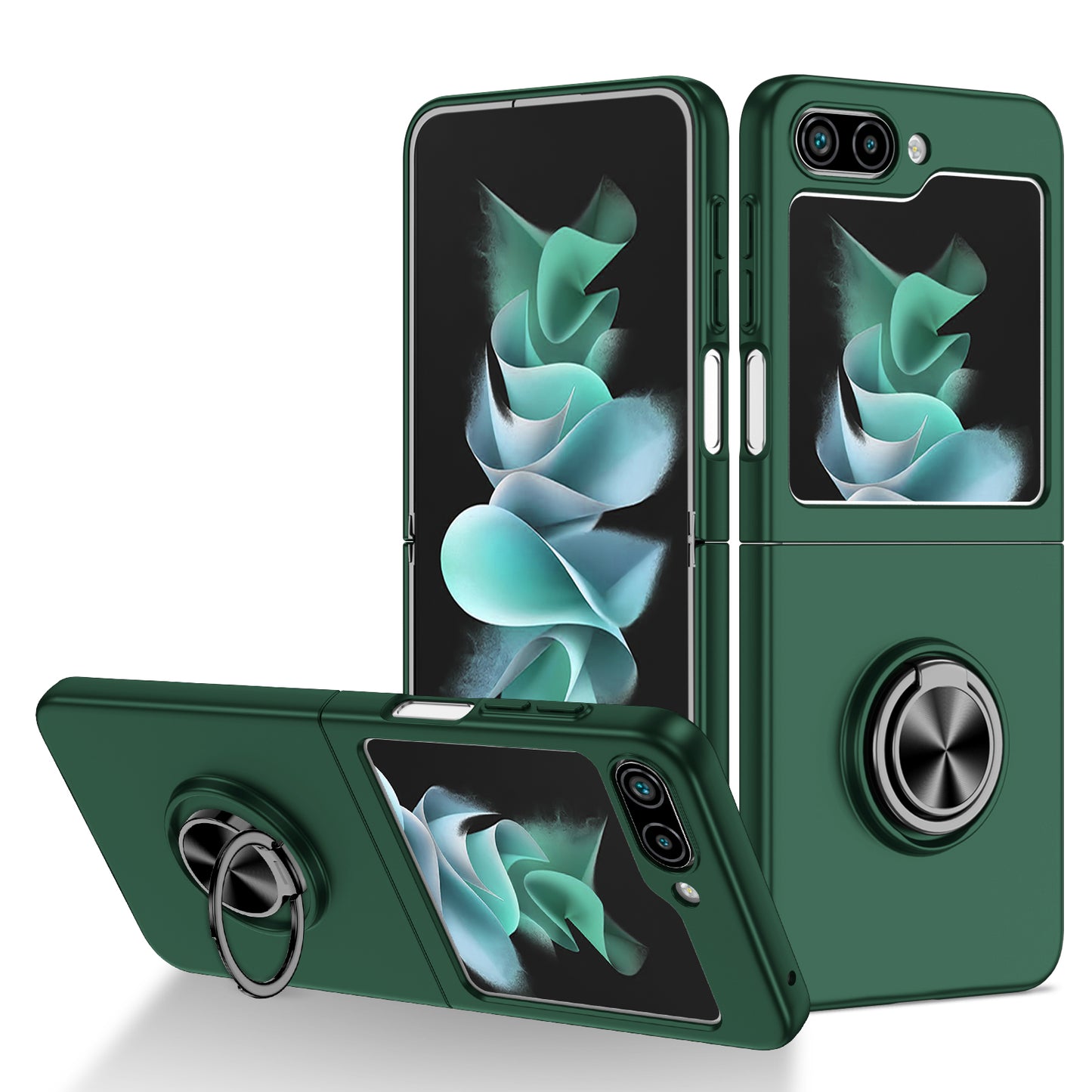 Uniqkart for Samsung Galaxy Z Flip5 5G Hard PC Phone Case Ring Kickstand Cover Support Magnetic Car Mount - Blackish Green