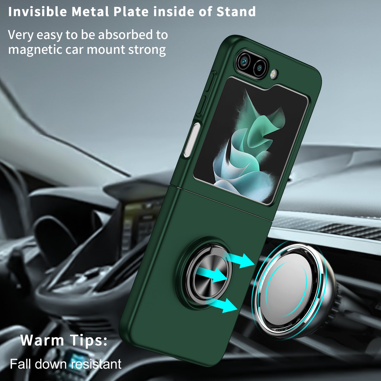 Uniqkart for Samsung Galaxy Z Flip5 5G Hard PC Phone Case Ring Kickstand Cover Support Magnetic Car Mount - Blackish Green