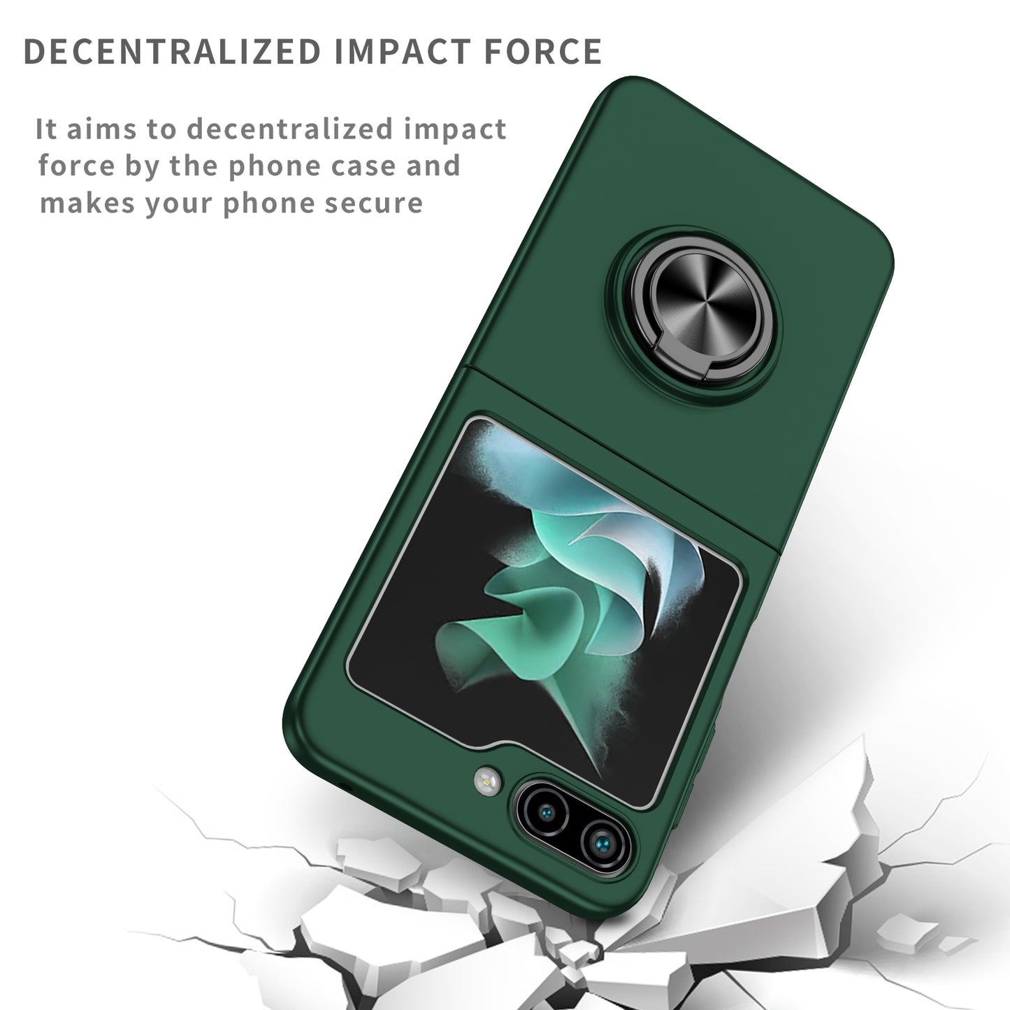 Uniqkart for Samsung Galaxy Z Flip5 5G Hard PC Phone Case Ring Kickstand Cover Support Magnetic Car Mount - Blackish Green