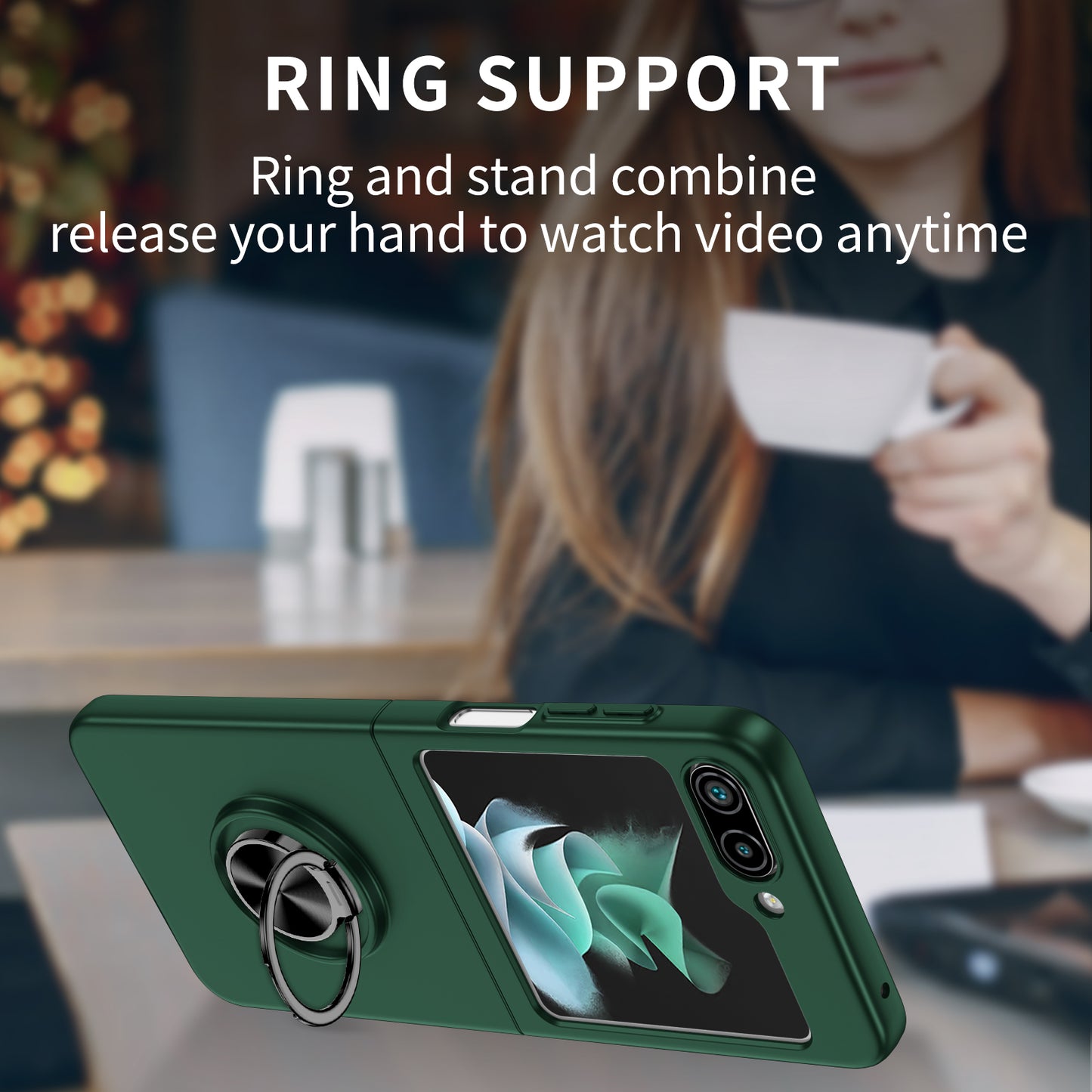 Uniqkart for Samsung Galaxy Z Flip5 5G Hard PC Phone Case Ring Kickstand Cover Support Magnetic Car Mount - Blackish Green