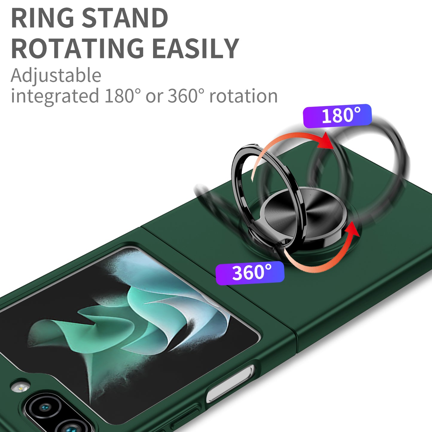 Uniqkart for Samsung Galaxy Z Flip5 5G Hard PC Phone Case Ring Kickstand Cover Support Magnetic Car Mount - Blackish Green