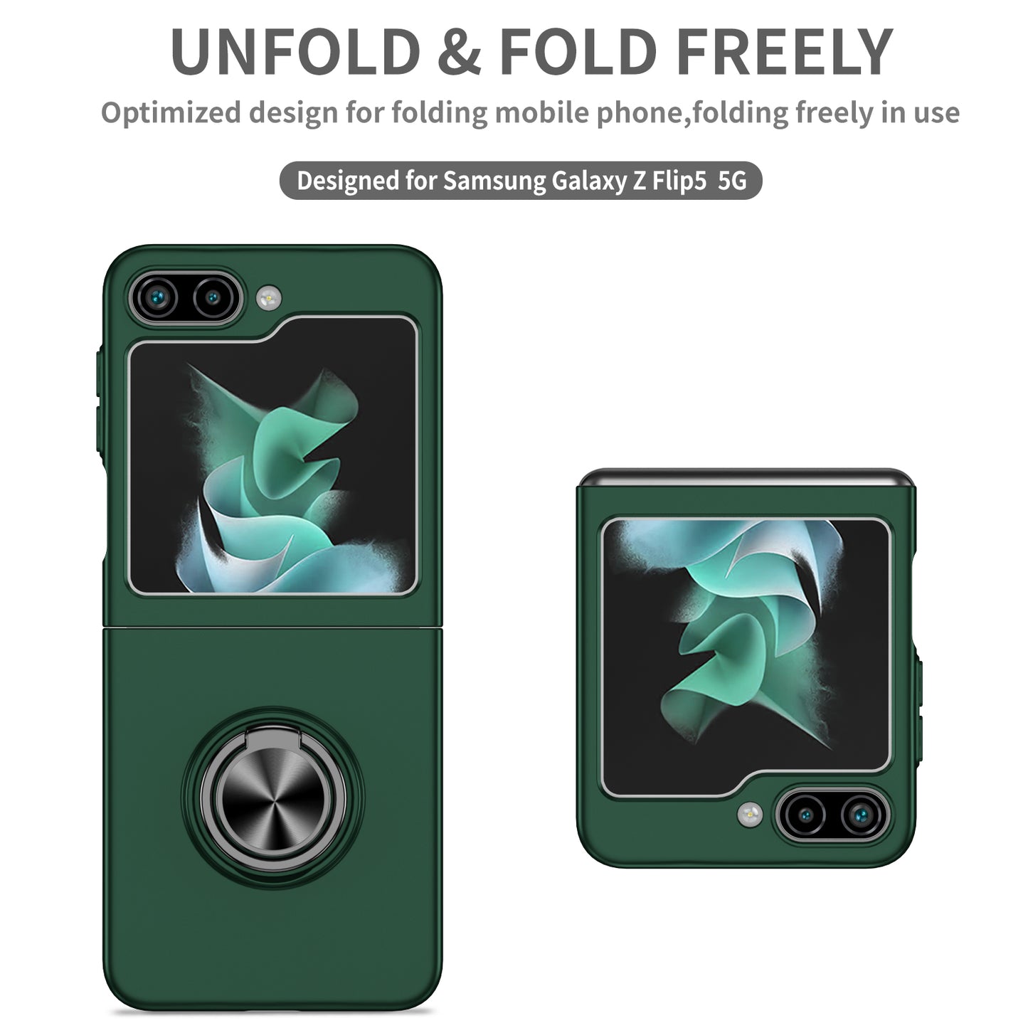 Uniqkart for Samsung Galaxy Z Flip5 5G Hard PC Phone Case Ring Kickstand Cover Support Magnetic Car Mount - Blackish Green