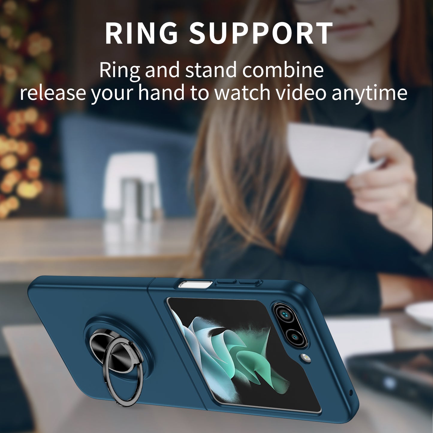 Uniqkart for Samsung Galaxy Z Flip5 5G Hard PC Phone Case Ring Kickstand Cover Support Magnetic Car Mount - Dark Blue
