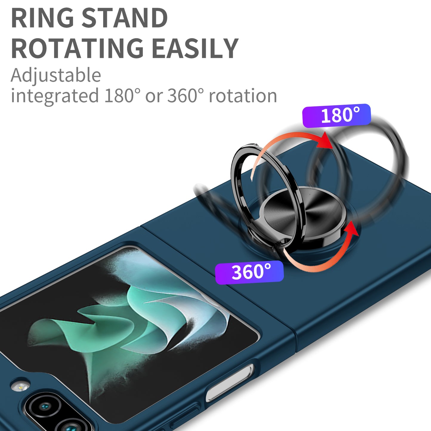 Uniqkart for Samsung Galaxy Z Flip5 5G Hard PC Phone Case Ring Kickstand Cover Support Magnetic Car Mount - Dark Blue
