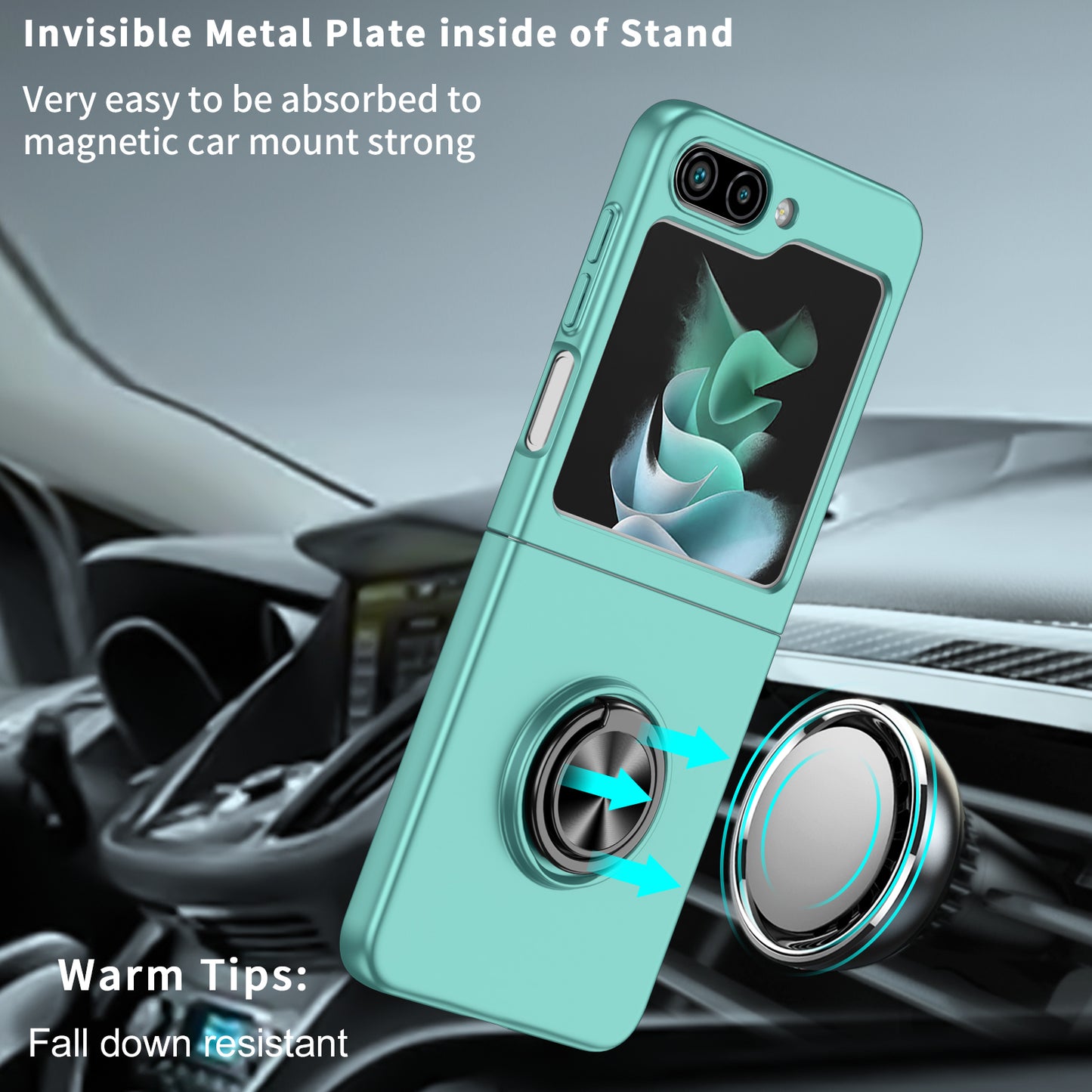 Uniqkart for Samsung Galaxy Z Flip5 5G Hard PC Phone Case Ring Kickstand Cover Support Magnetic Car Mount - Sky Blue