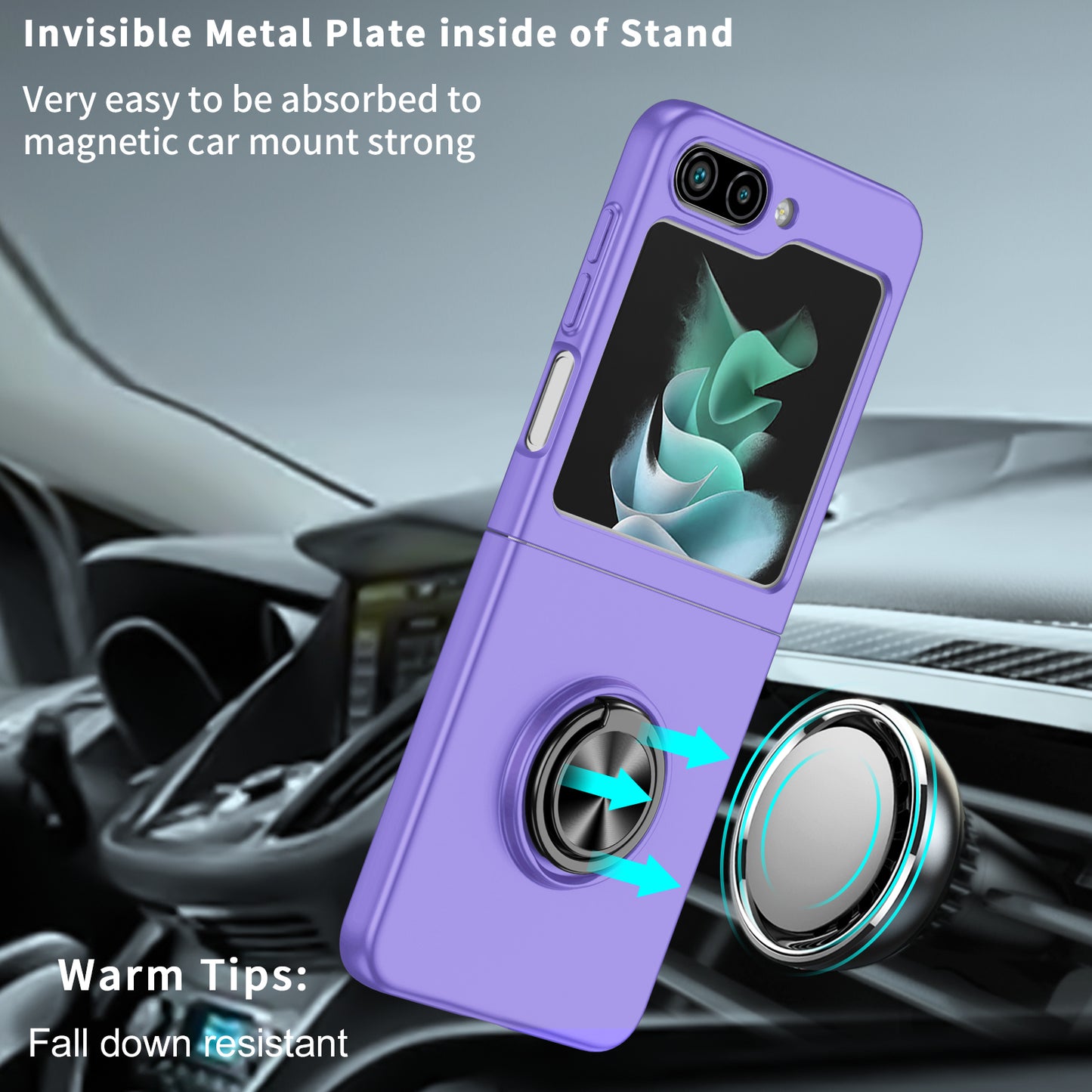 Uniqkart for Samsung Galaxy Z Flip5 5G Hard PC Phone Case Ring Kickstand Cover Support Magnetic Car Mount - Purple