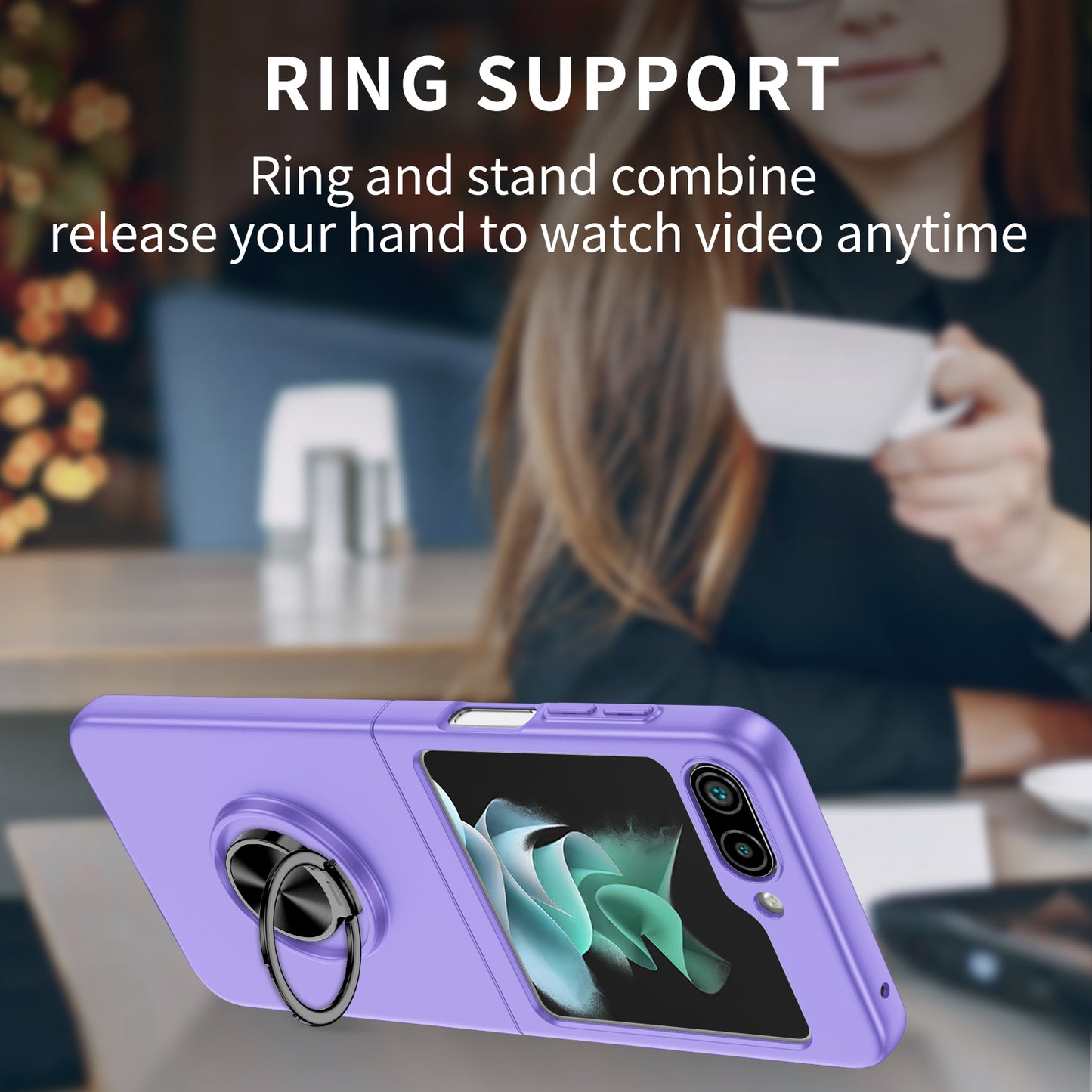 Uniqkart for Samsung Galaxy Z Flip5 5G Hard PC Phone Case Ring Kickstand Cover Support Magnetic Car Mount - Purple
