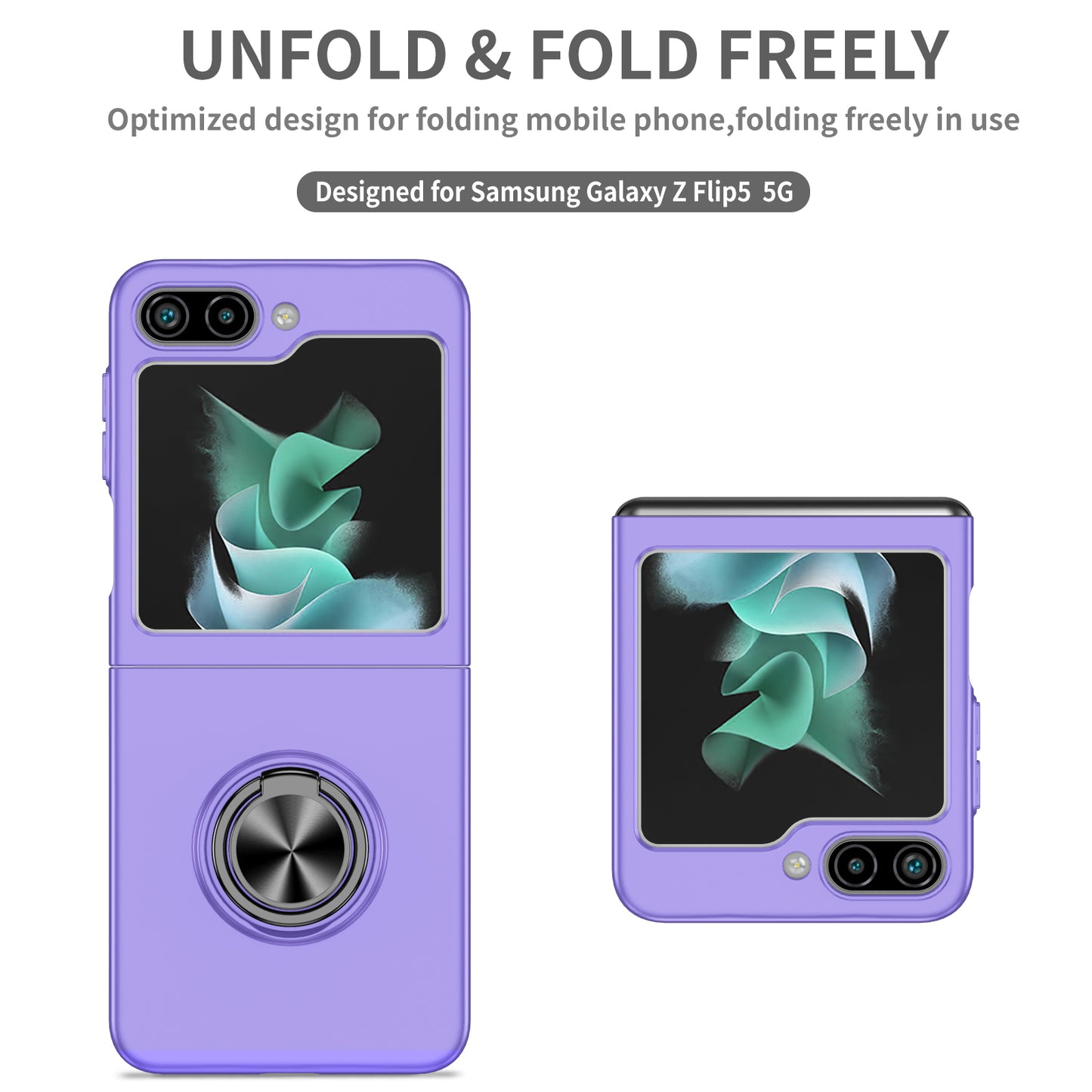 Uniqkart for Samsung Galaxy Z Flip5 5G Hard PC Phone Case Ring Kickstand Cover Support Magnetic Car Mount - Purple
