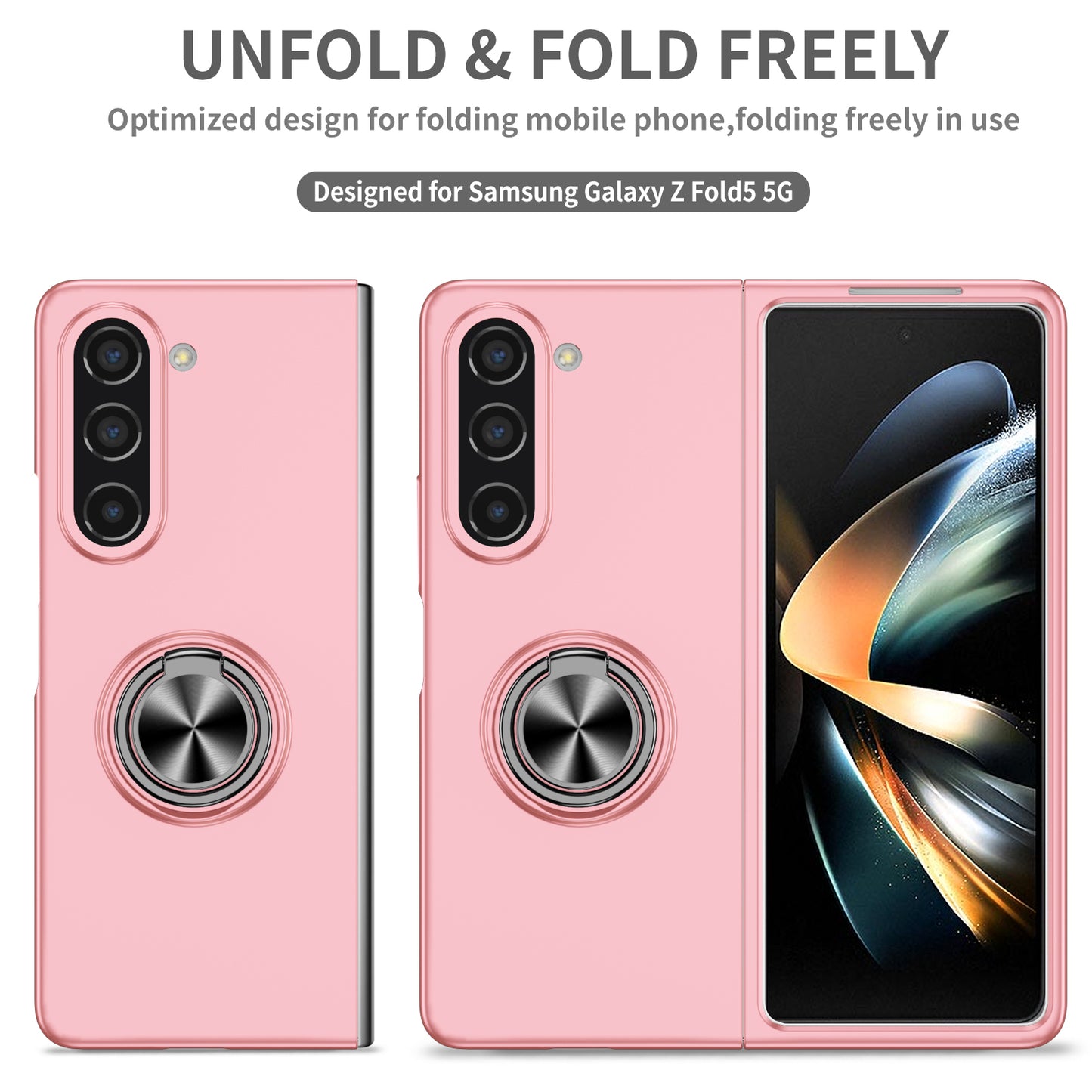 Uniqkart for Samsung Galaxy Z Fold5 5G Ring Kickstand Phone Case Support Car Mount Hard PC Protective Cover - Pink