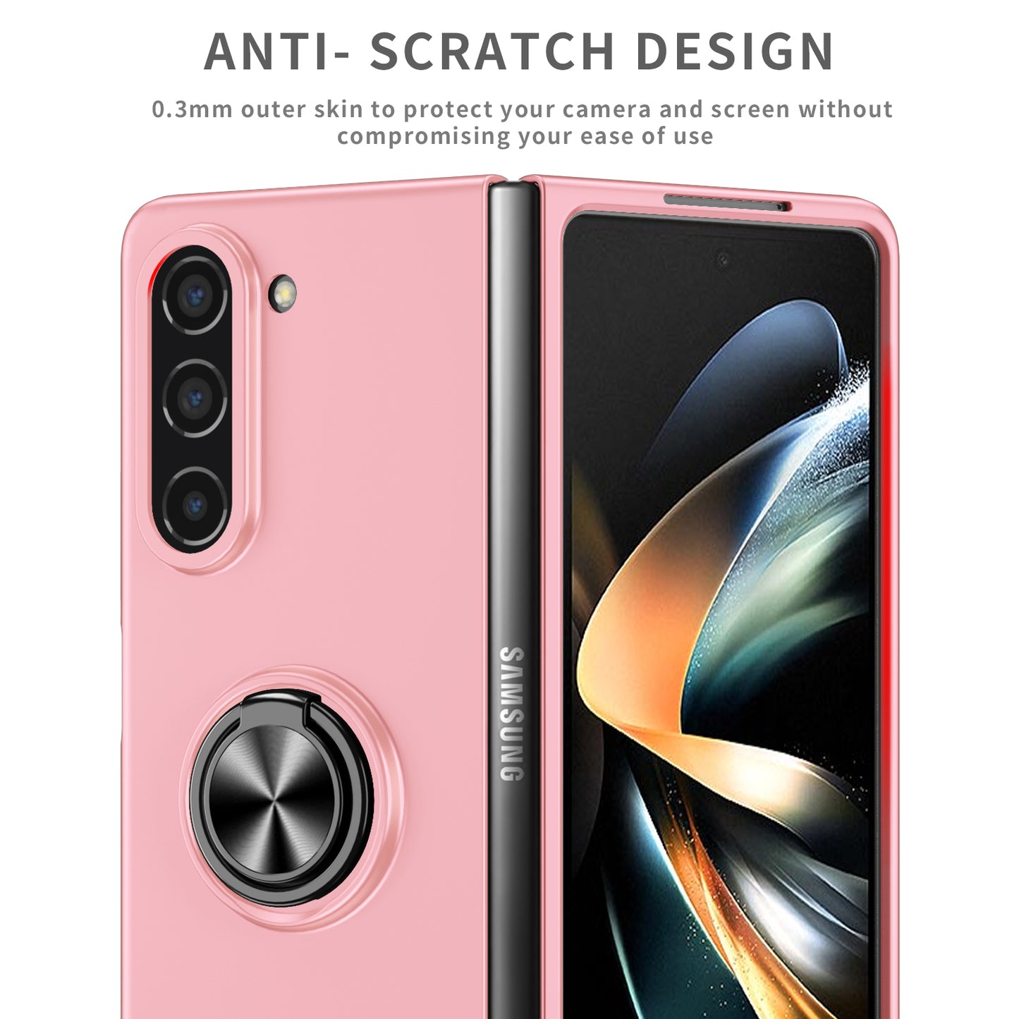 Uniqkart for Samsung Galaxy Z Fold5 5G Ring Kickstand Phone Case Support Car Mount Hard PC Protective Cover - Pink