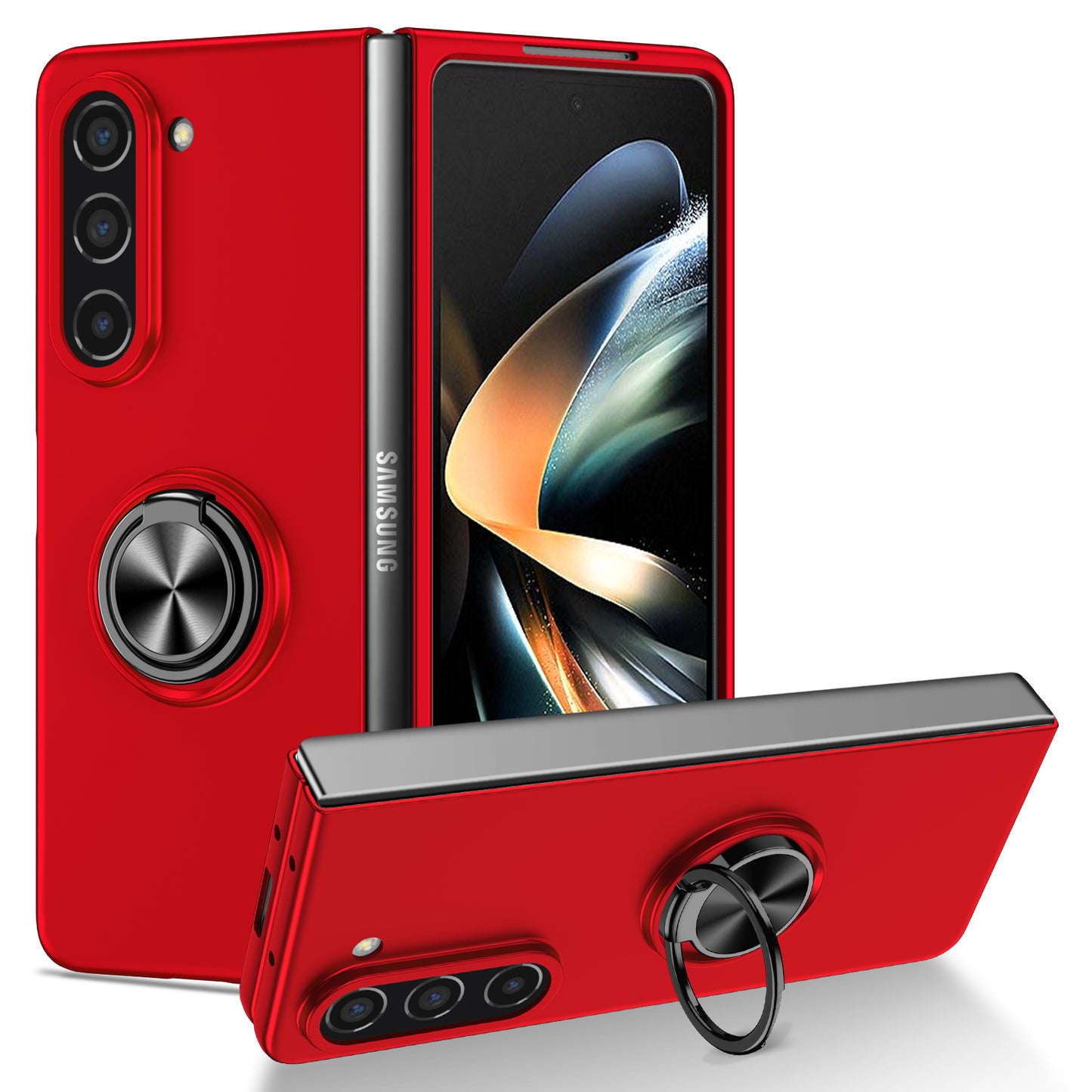 Uniqkart for Samsung Galaxy Z Fold5 5G Ring Kickstand Phone Case Support Car Mount Hard PC Protective Cover - Red
