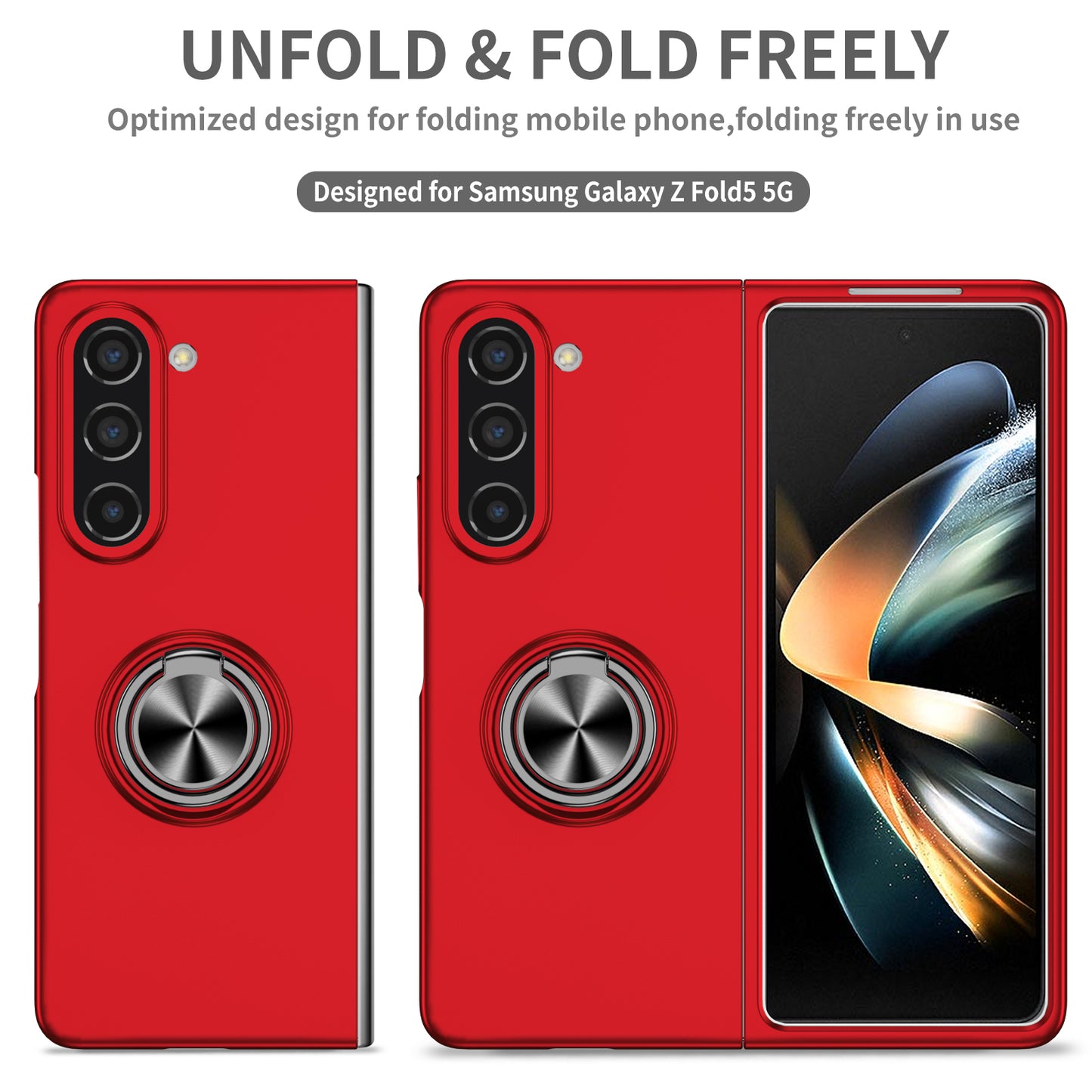 Uniqkart for Samsung Galaxy Z Fold5 5G Ring Kickstand Phone Case Support Car Mount Hard PC Protective Cover - Red