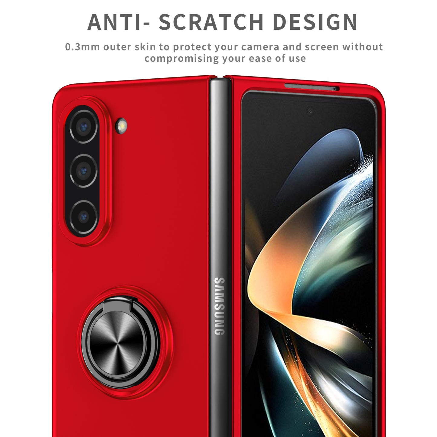 Uniqkart for Samsung Galaxy Z Fold5 5G Ring Kickstand Phone Case Support Car Mount Hard PC Protective Cover - Red