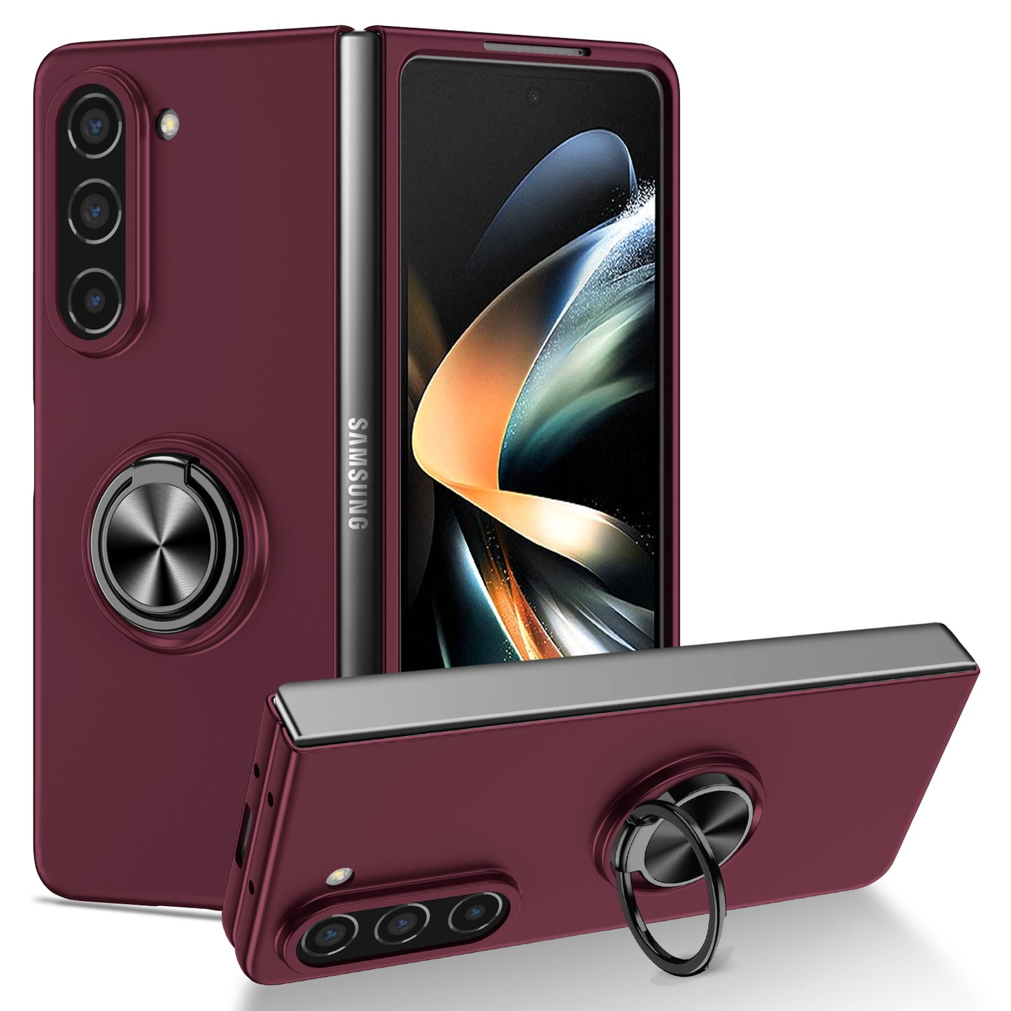 Uniqkart for Samsung Galaxy Z Fold5 5G Ring Kickstand Phone Case Support Car Mount Hard PC Protective Cover - Wine Red
