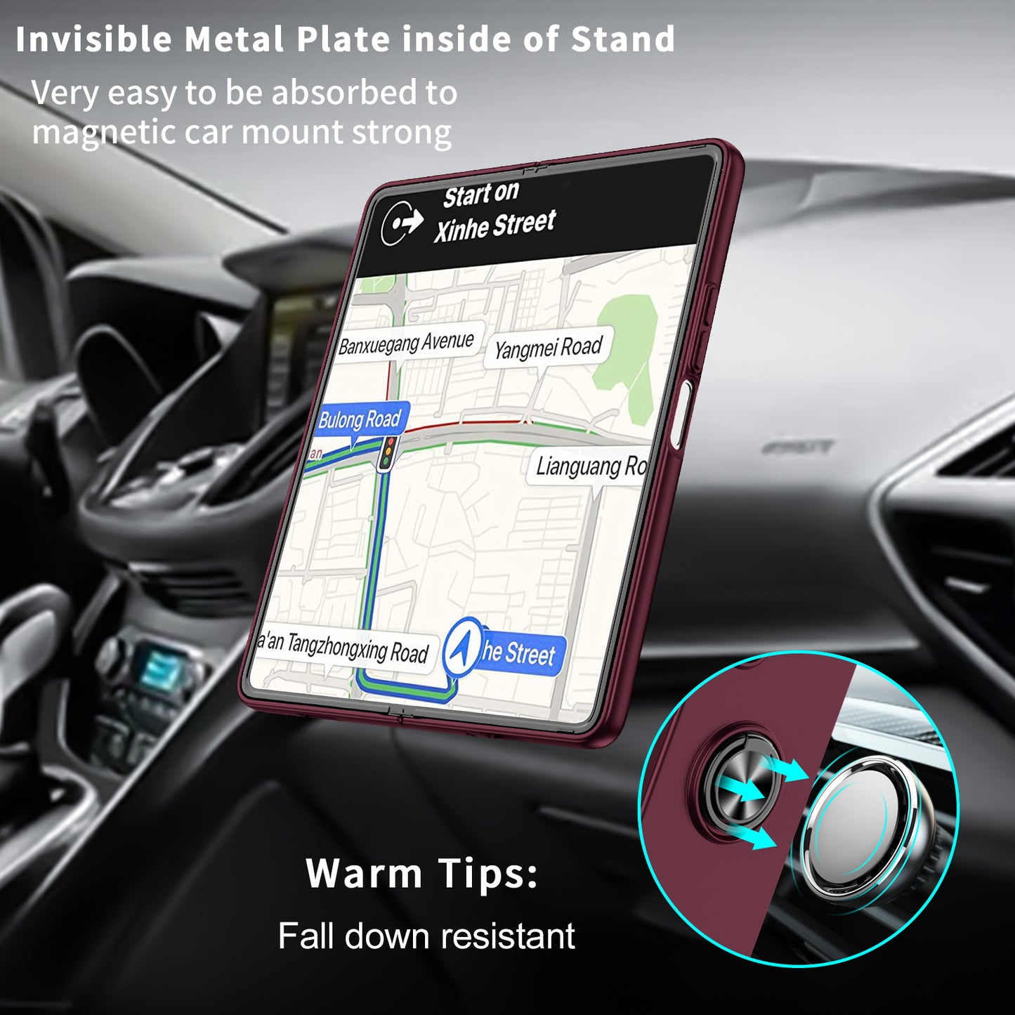 Uniqkart for Samsung Galaxy Z Fold5 5G Ring Kickstand Phone Case Support Car Mount Hard PC Protective Cover - Wine Red