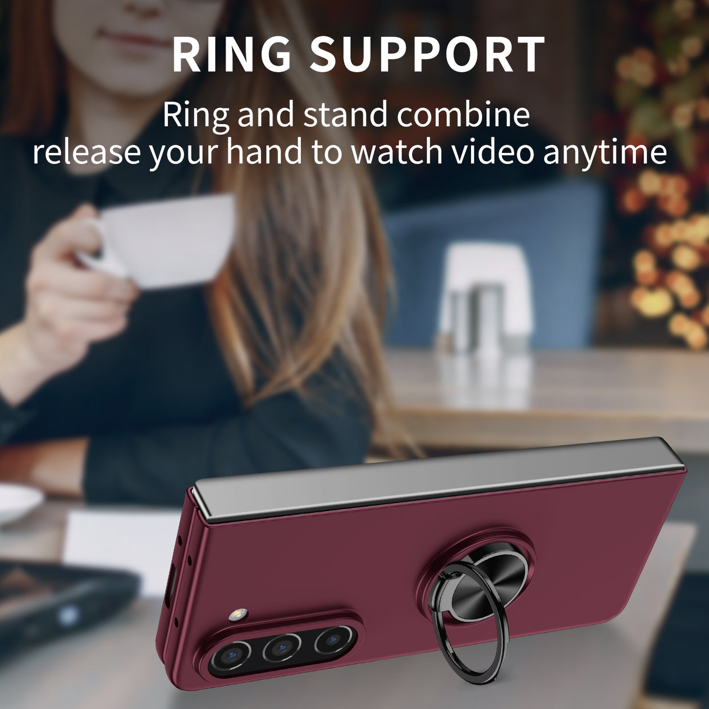 Uniqkart for Samsung Galaxy Z Fold5 5G Ring Kickstand Phone Case Support Car Mount Hard PC Protective Cover - Wine Red