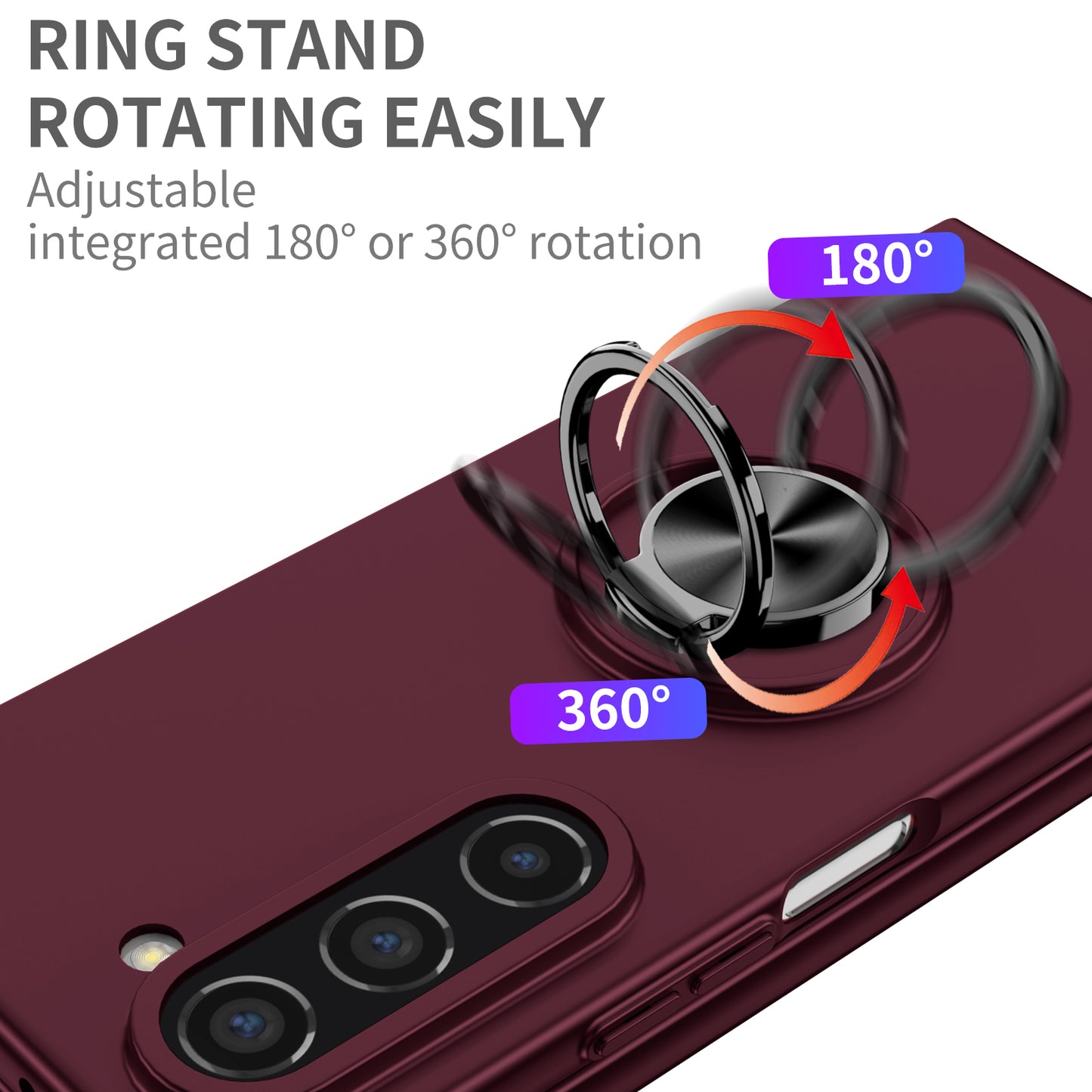 Uniqkart for Samsung Galaxy Z Fold5 5G Ring Kickstand Phone Case Support Car Mount Hard PC Protective Cover - Wine Red