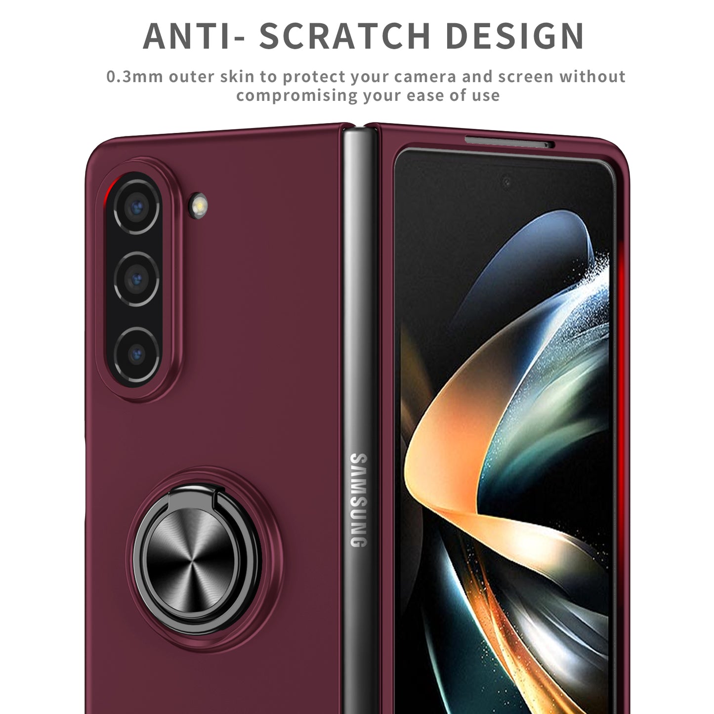 Uniqkart for Samsung Galaxy Z Fold5 5G Ring Kickstand Phone Case Support Car Mount Hard PC Protective Cover - Wine Red
