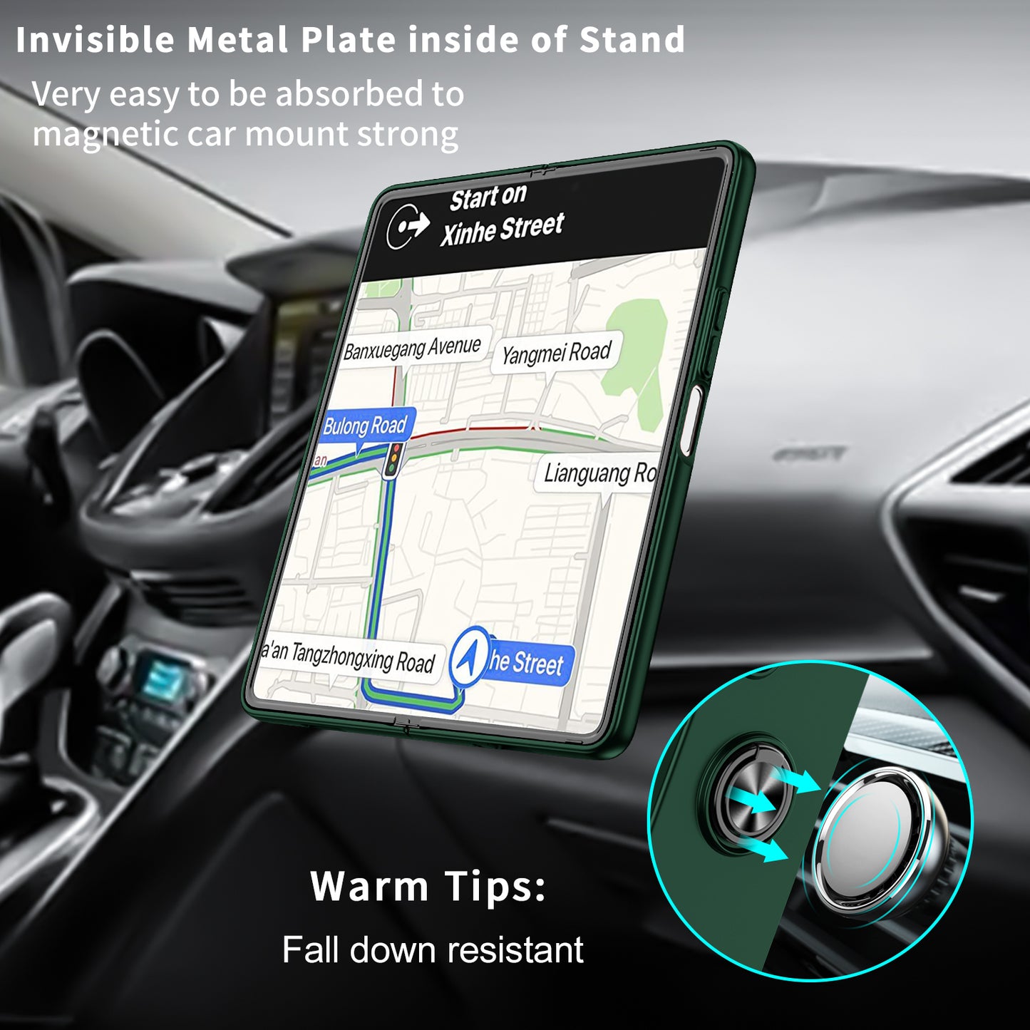 Uniqkart for Samsung Galaxy Z Fold5 5G Ring Kickstand Phone Case Support Car Mount Hard PC Protective Cover - Blackish Green