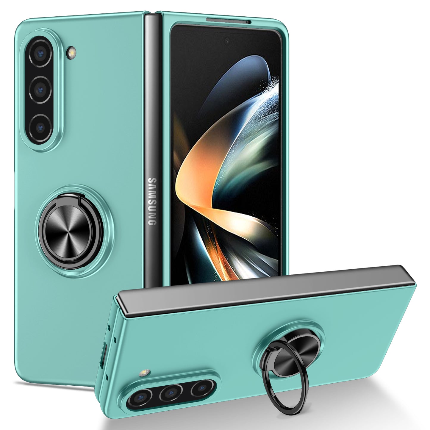 Uniqkart for Samsung Galaxy Z Fold5 5G Ring Kickstand Phone Case Support Car Mount Hard PC Protective Cover - Sky Blue