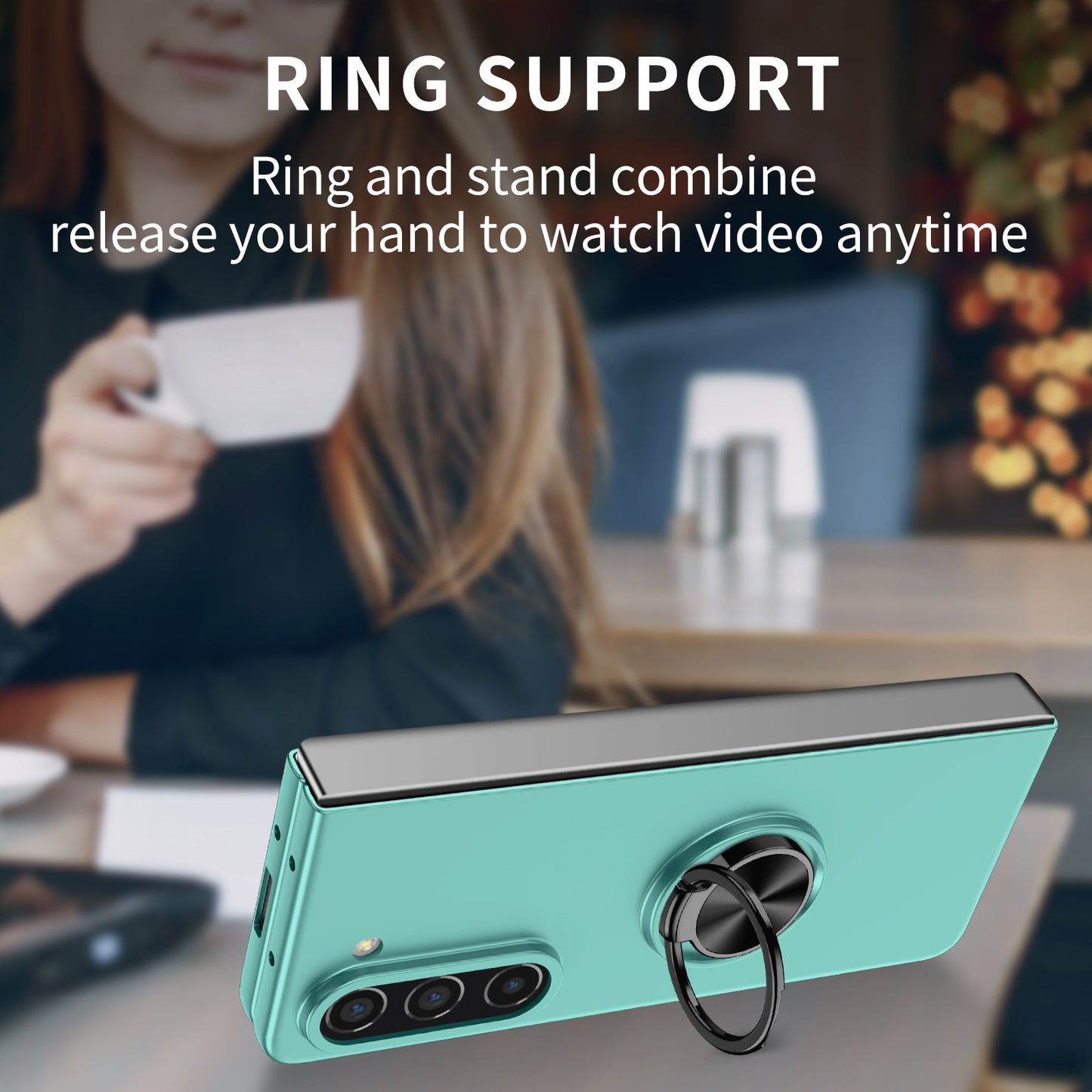 Uniqkart for Samsung Galaxy Z Fold5 5G Ring Kickstand Phone Case Support Car Mount Hard PC Protective Cover - Sky Blue