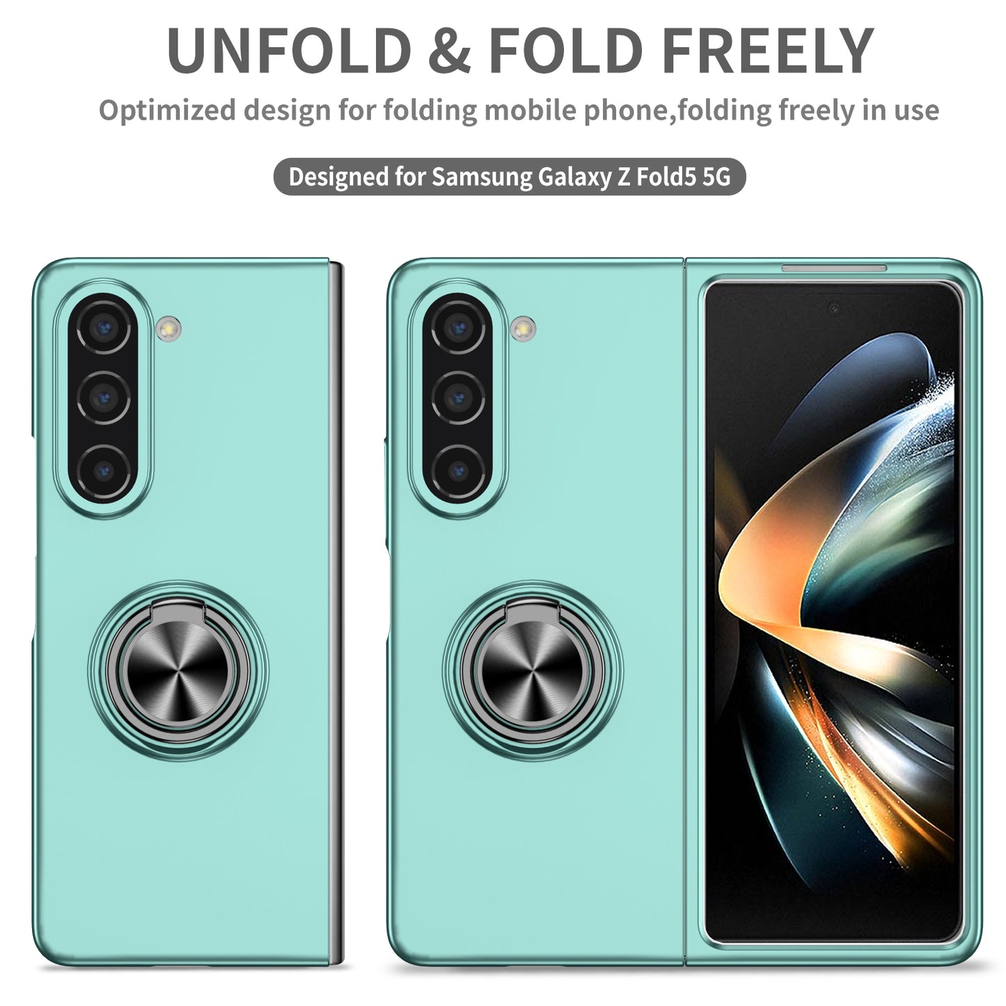 Uniqkart for Samsung Galaxy Z Fold5 5G Ring Kickstand Phone Case Support Car Mount Hard PC Protective Cover - Sky Blue