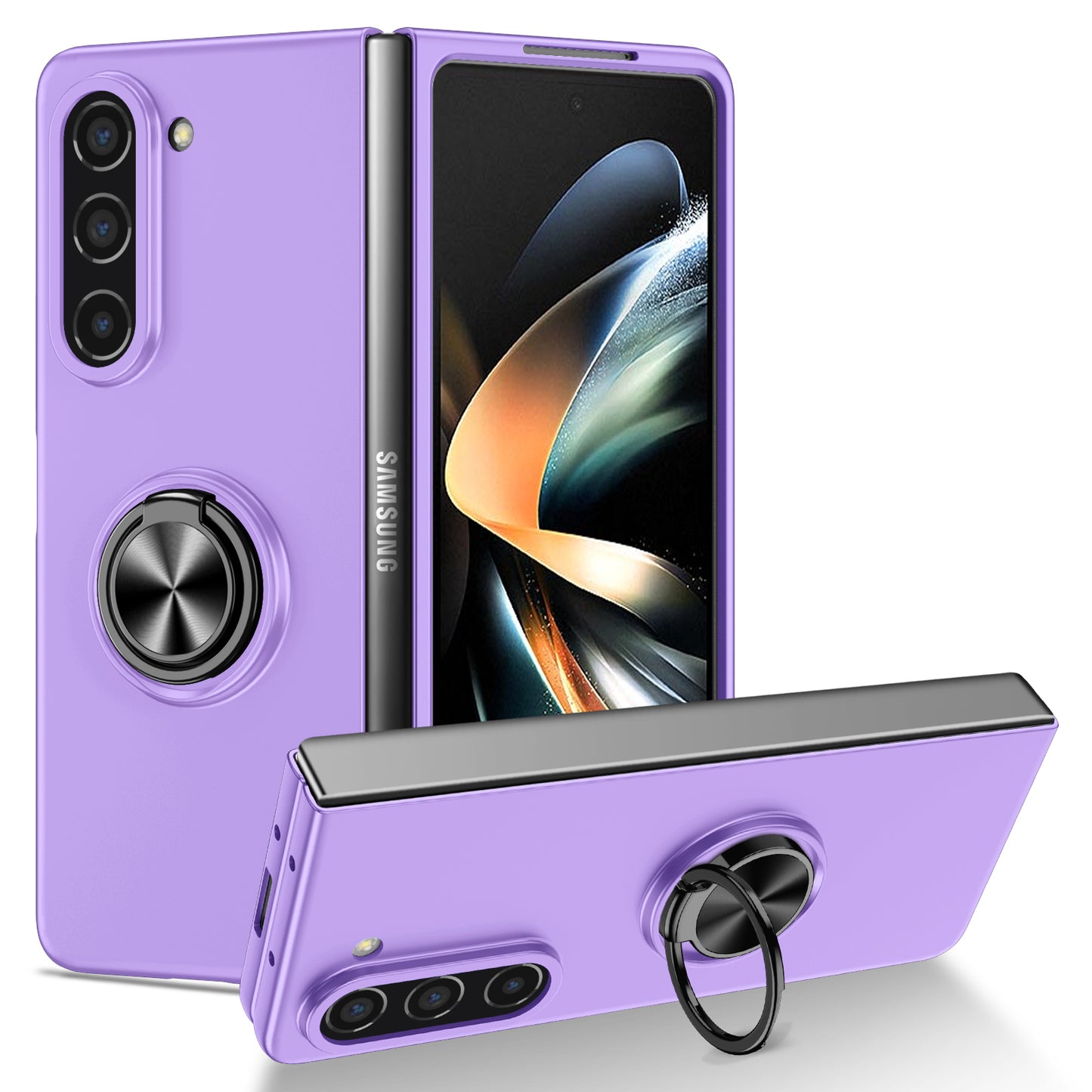 Uniqkart for Samsung Galaxy Z Fold5 5G Ring Kickstand Phone Case Support Car Mount Hard PC Protective Cover - Purple