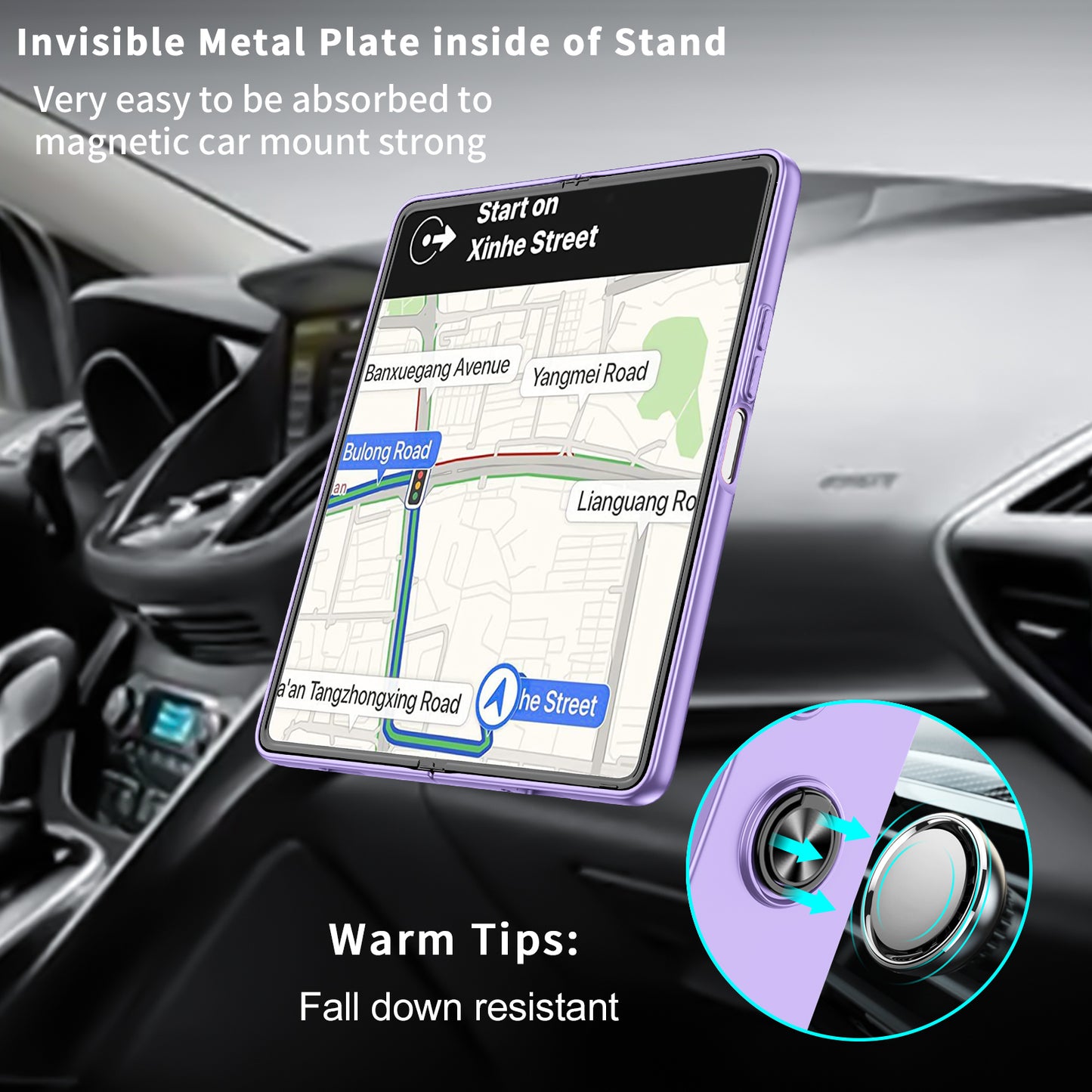 Uniqkart for Samsung Galaxy Z Fold5 5G Ring Kickstand Phone Case Support Car Mount Hard PC Protective Cover - Purple