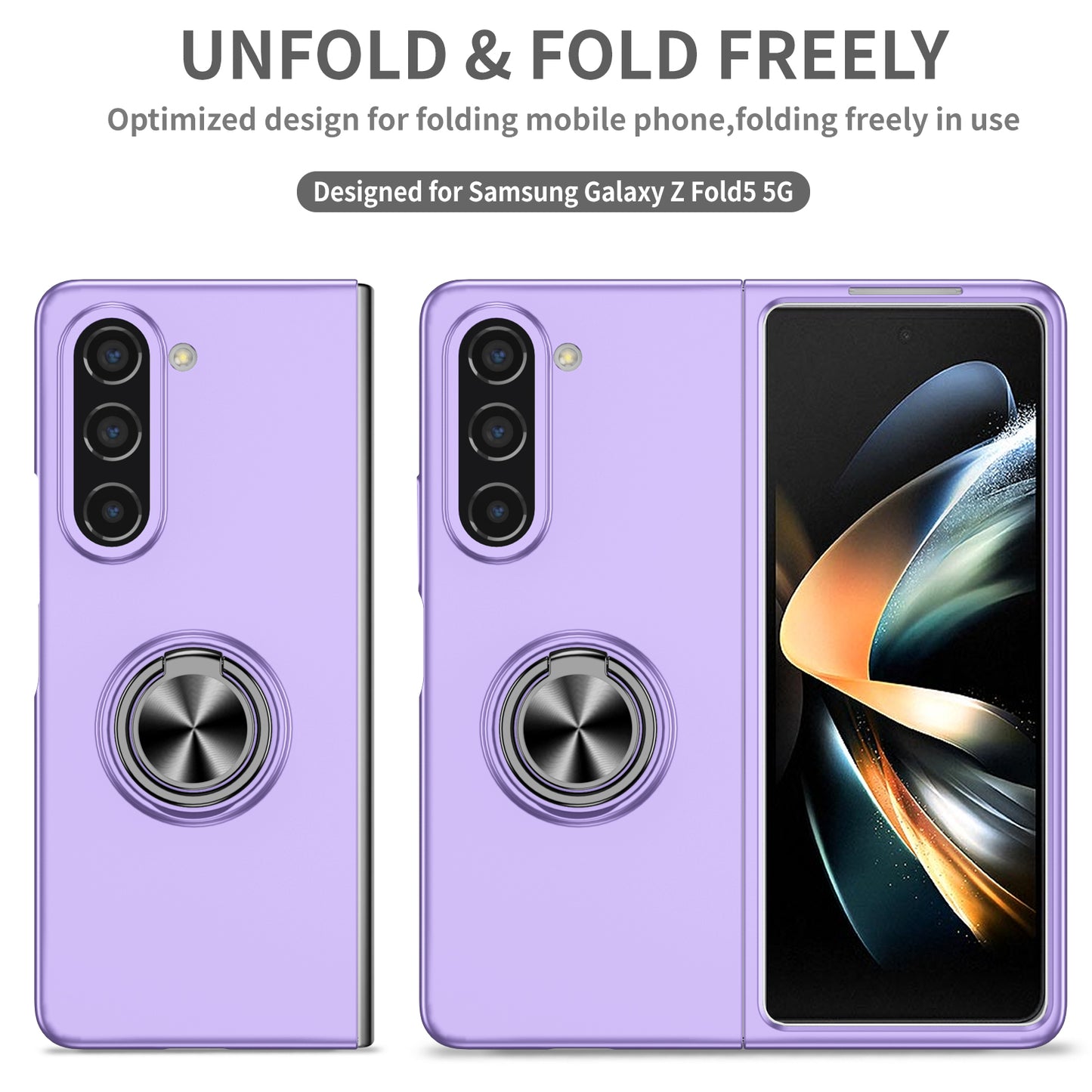 Uniqkart for Samsung Galaxy Z Fold5 5G Ring Kickstand Phone Case Support Car Mount Hard PC Protective Cover - Purple