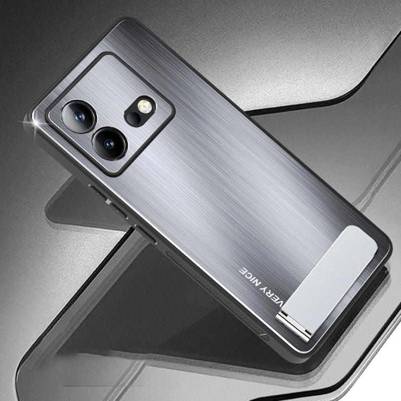 Uniqkart for vivo iQOO Neo8 5G Brushed Back Case Aluminium Alloy Back TPU Frame Kickstand Phone Cover - Silver