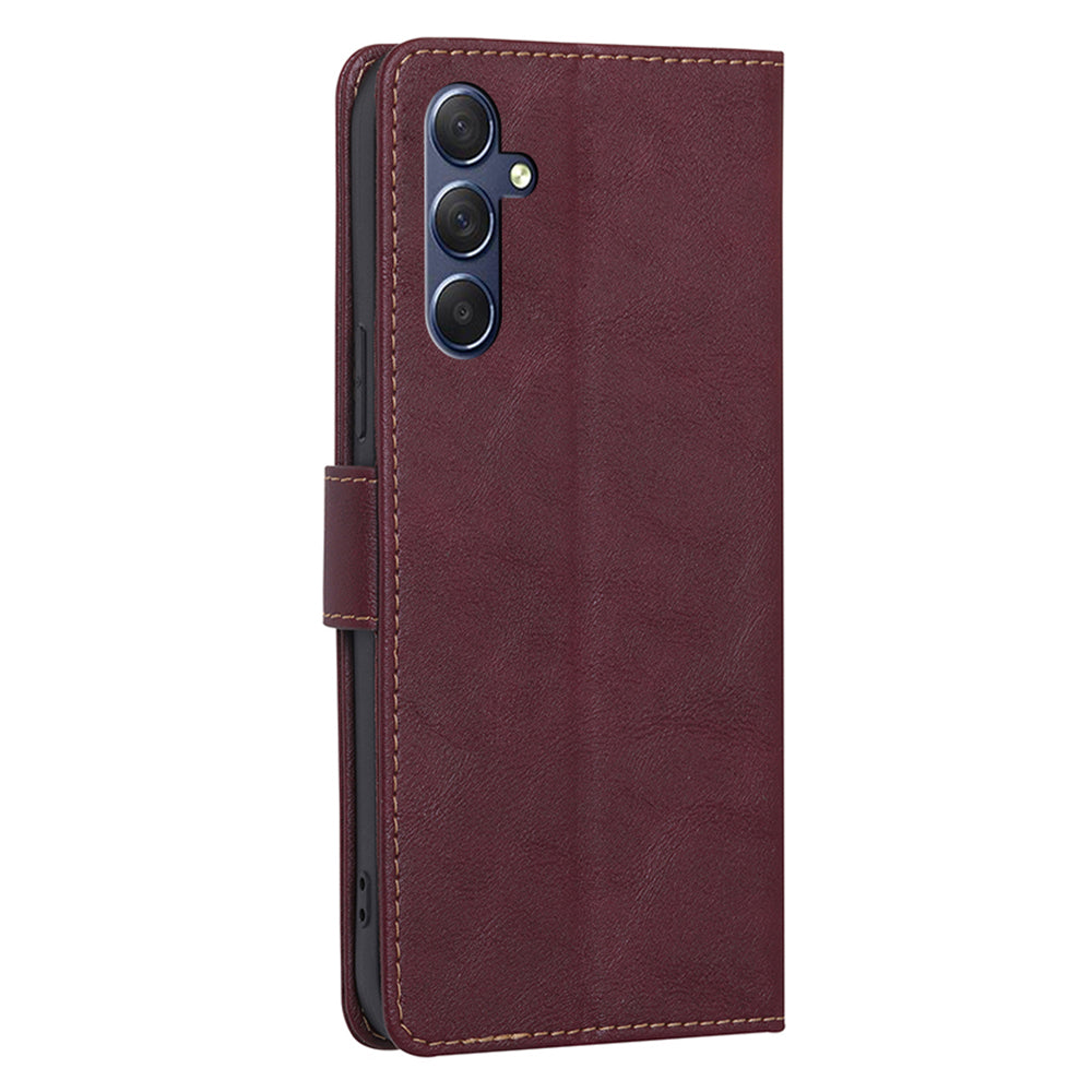 Uniqkart for Samsung Galaxy M54 / F54 5G RFID Blocking Wallet Phone Case PU Leather Stand Cover - Wine Red