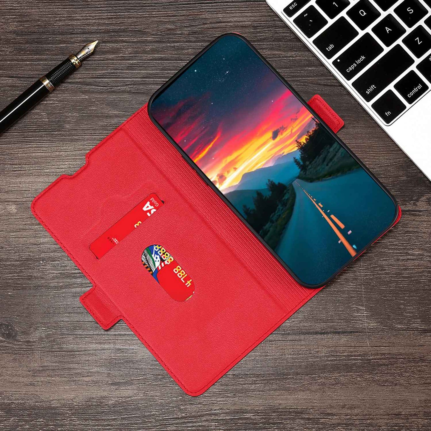 Uniqkart for Xiaomi Redmi Note 12S 4G PU Leather Card Holder Phone Cover Flip Stand Protective Case - Red