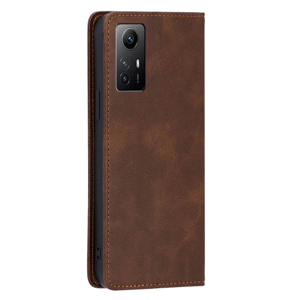 Uniqkart for Xiaomi Redmi Note 12S 4G PU Leather Wallet Case Calf Texture Phone Stand Cover - Brown