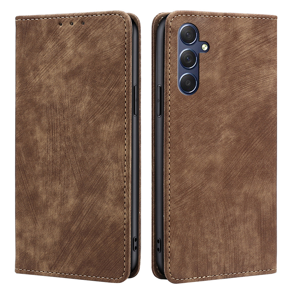 Uniqkart for Samsung Galaxy M54 5G / F54 5G RFID Blocking Wallet Phone Case Leather Stand Anti-drop Cover - Brown