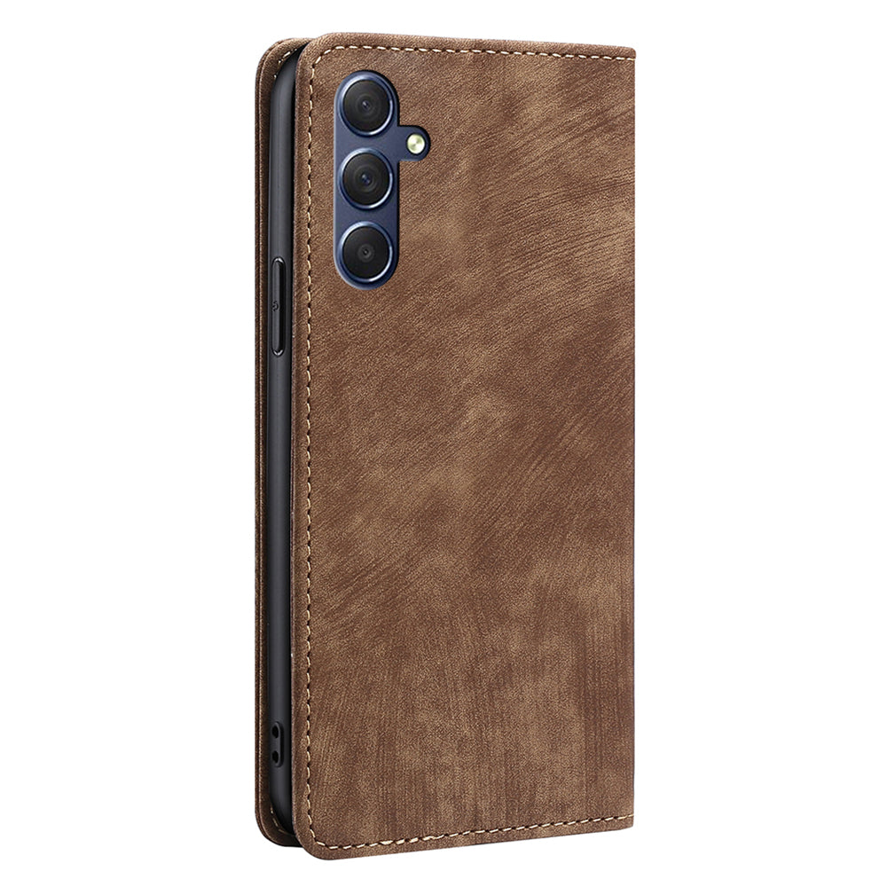 Uniqkart for Samsung Galaxy M54 5G / F54 5G RFID Blocking Wallet Phone Case Leather Stand Anti-drop Cover - Brown