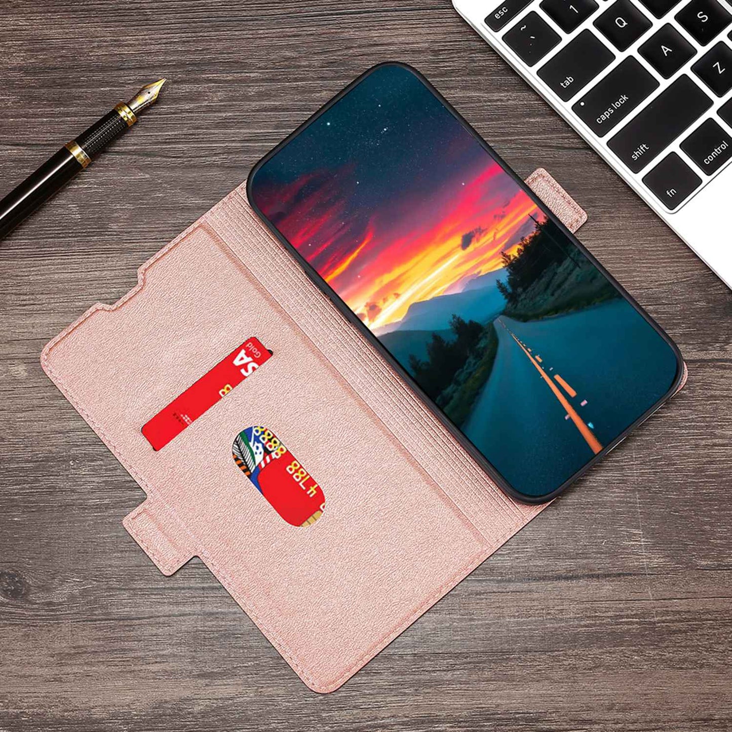Uniqkart for Samsung Galaxy F54 5G / M54 5G Anti-Scratch Card Slot Phone Case PU Leather Stand Shockproof Cover - Rose Gold