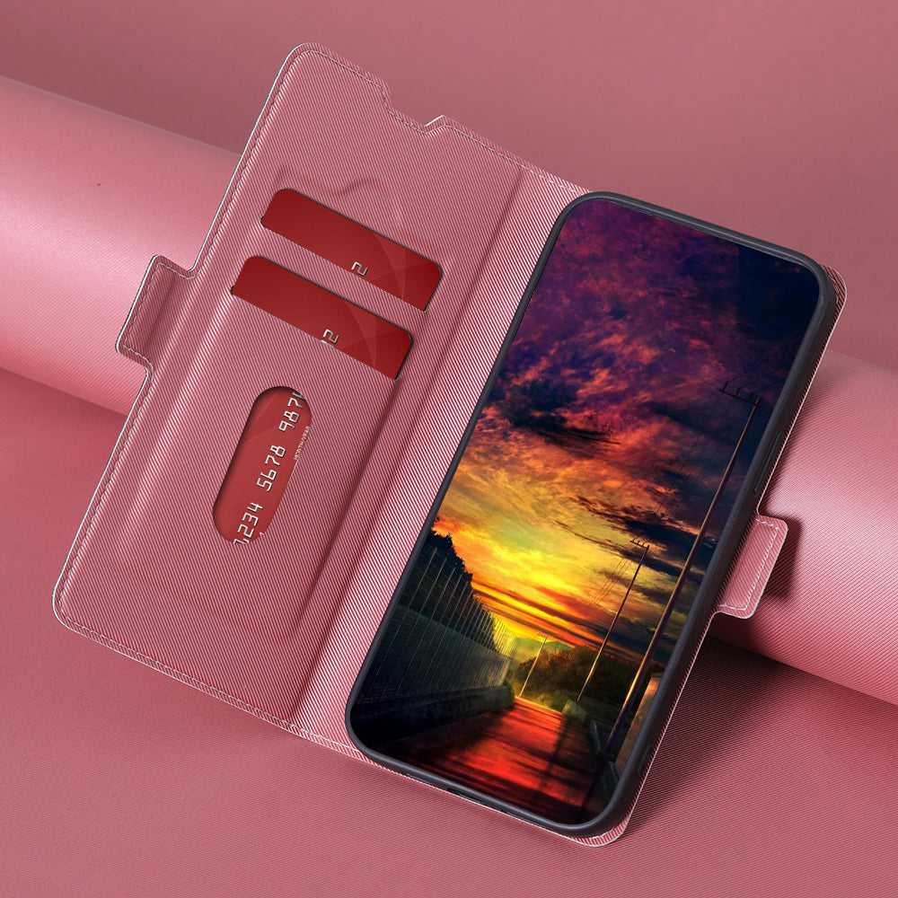 Uniqkart for Samsung Galaxy M54 5G / F54 5G Twill Texture Phone Cover Stand Magnetic Closure Card Slot PU Leather Case - Pink