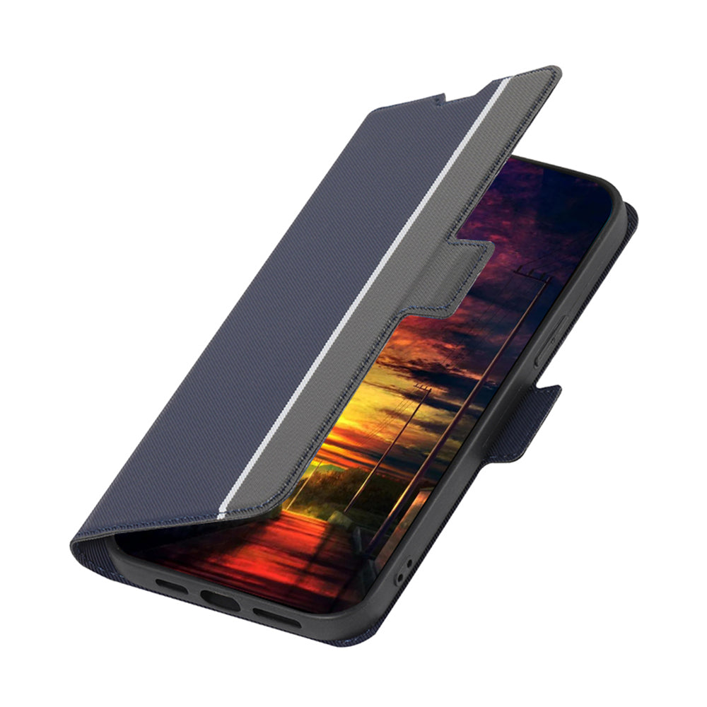 Uniqkart for Samsung Galaxy M54 5G / F54 5G Twill Texture Phone Cover Stand Magnetic Closure Card Slot PU Leather Case - Blue