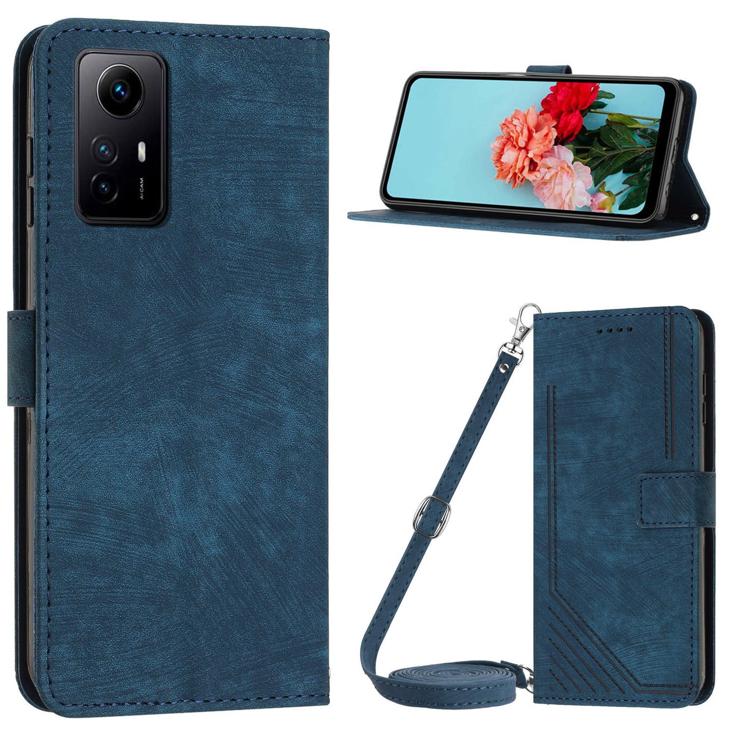 Leather Case for Xiaomi Redmi Note 12S 4G Lines Imprinted Stand Wallet Phone Cover with Shoulder Strap - Sapphire