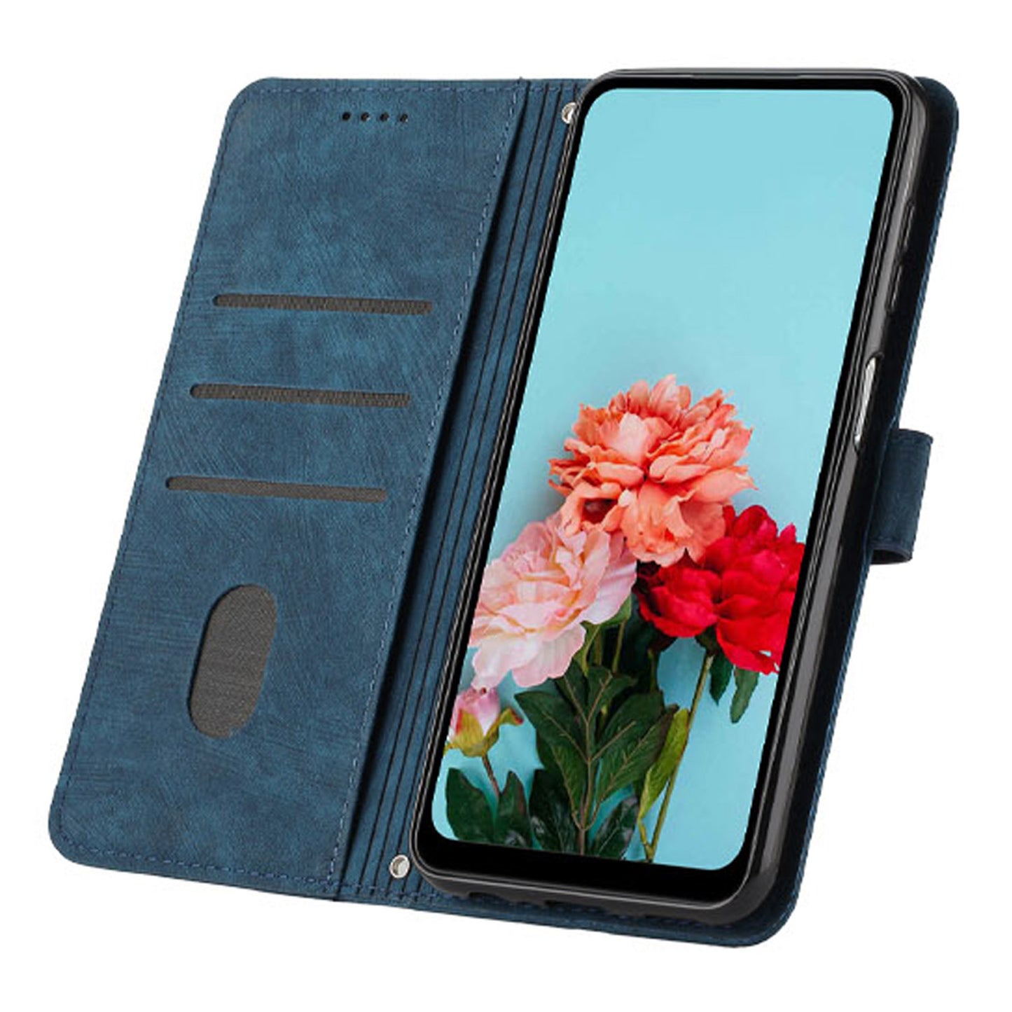 Leather Case for Xiaomi Redmi Note 12S 4G Lines Imprinted Stand Wallet Phone Cover with Shoulder Strap - Sapphire